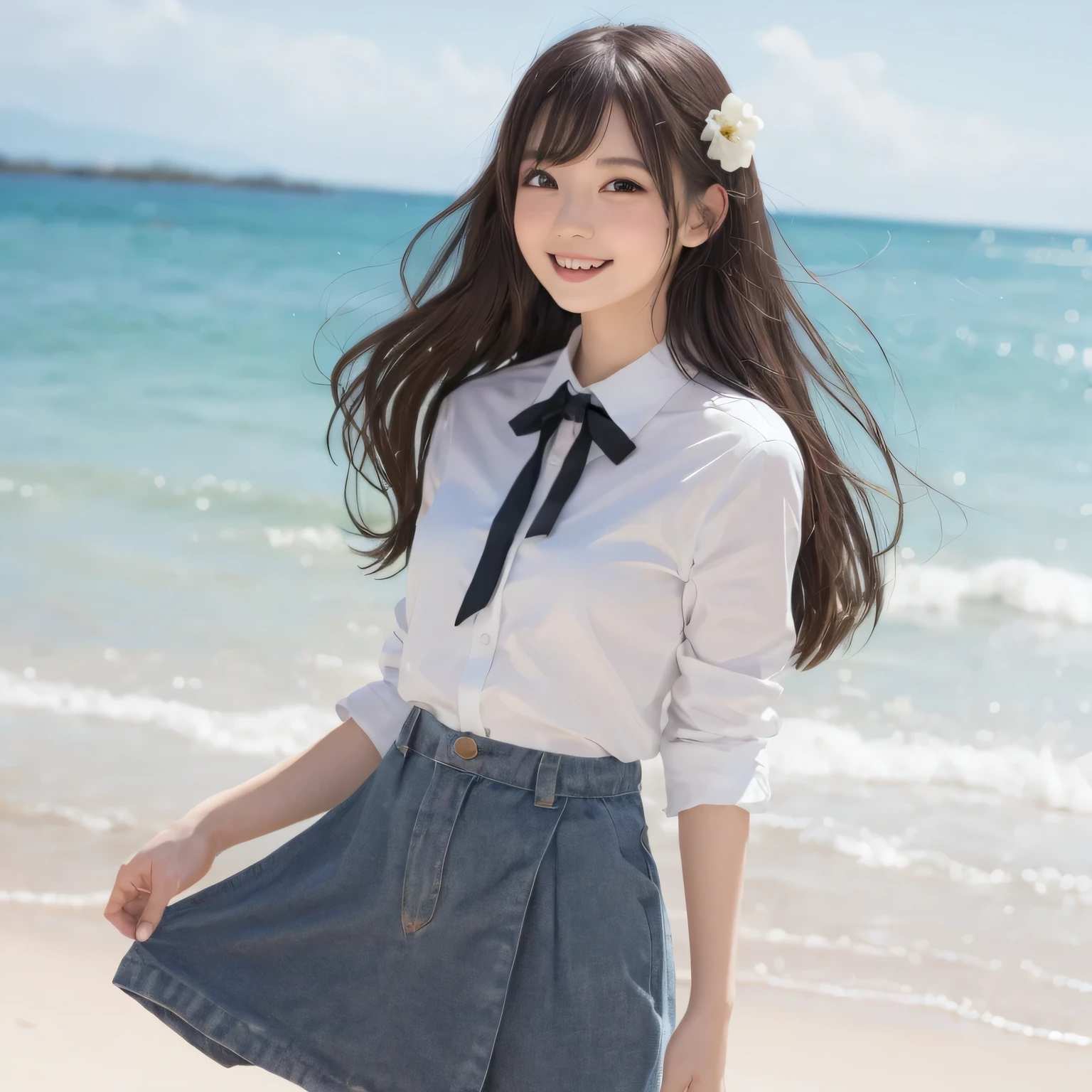 on the table, best quality, illustration, Super detailed, fine details, high resolution, 8k wallpaper, Perfect dynamic composition, Beautiful and delicate eyes,whole body摄影,show your whole body、collared shirt、long gray hair, Bold sexy pose,Smile,Harajuku、20 year old girl、huge :1.5、Look at the sexy shots of the camera, whole body, Rear view、Holding a bouquet of flowers、standing at the beach、from below、Put your hands behind your back