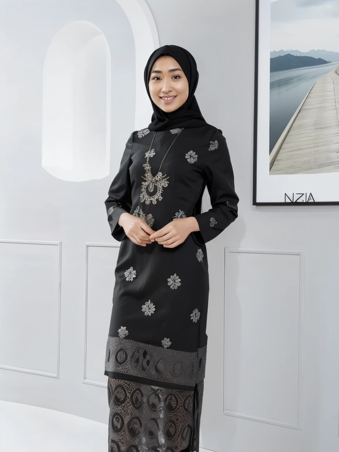 there is a woman standing in a black dress in front of a picture, official product image, muira, product photo, inspired by Naza, aokan, with black, selina, mazarineee, eora, in gunmetal grey, elegant intricate, dark grey, zenra taliyah, monochrome:-2, wonderful, lovely, intricate elegant