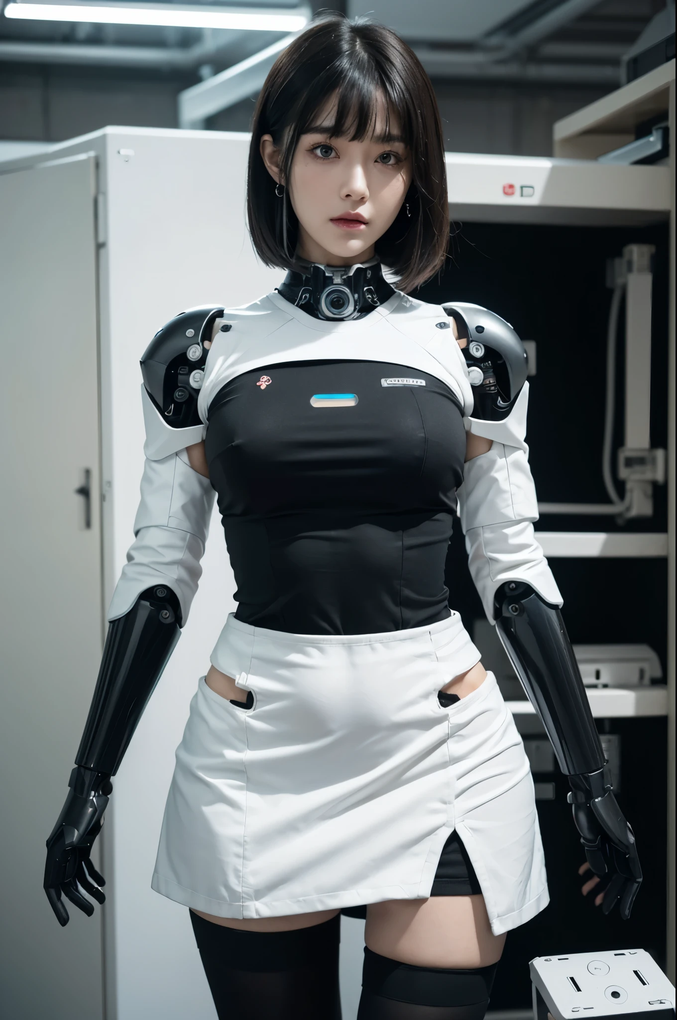 masterpiece, best quality, extremely detailed, (8K, 4K, Best Quality, hight resolution, 超A high resolution:1.1), (masutepiece, Realistic, Photorealsitic:1.1),8k portrait, Japaese android Girl,Plump , dark black leg cover,announcer,control panels,android,Droid,Mechanical Hand, Robot arms and legs, Black Robot Parts,Black hair,Mechanical body,Blunt bangs,perfect mechanical abdomen,White robotics parts,perfect robot woman,future laboratory,cyber pank,charging spot,laboratory,long tube,thick cable connected her neck,white ceramic body ,perfect mechanical body, white robot body,lod antenna,mechanical ear cover,android,robot humanoid,black sponge joints,The removable cover is in the groin,The connection port is in the groin,opened chest panel,access panel on the chest,opened breast panel,perfect mechanical breast,perfect machine body,perfect android body,She has repaired,assembly plant,miniskirt,dark black tights,dark black leggings,