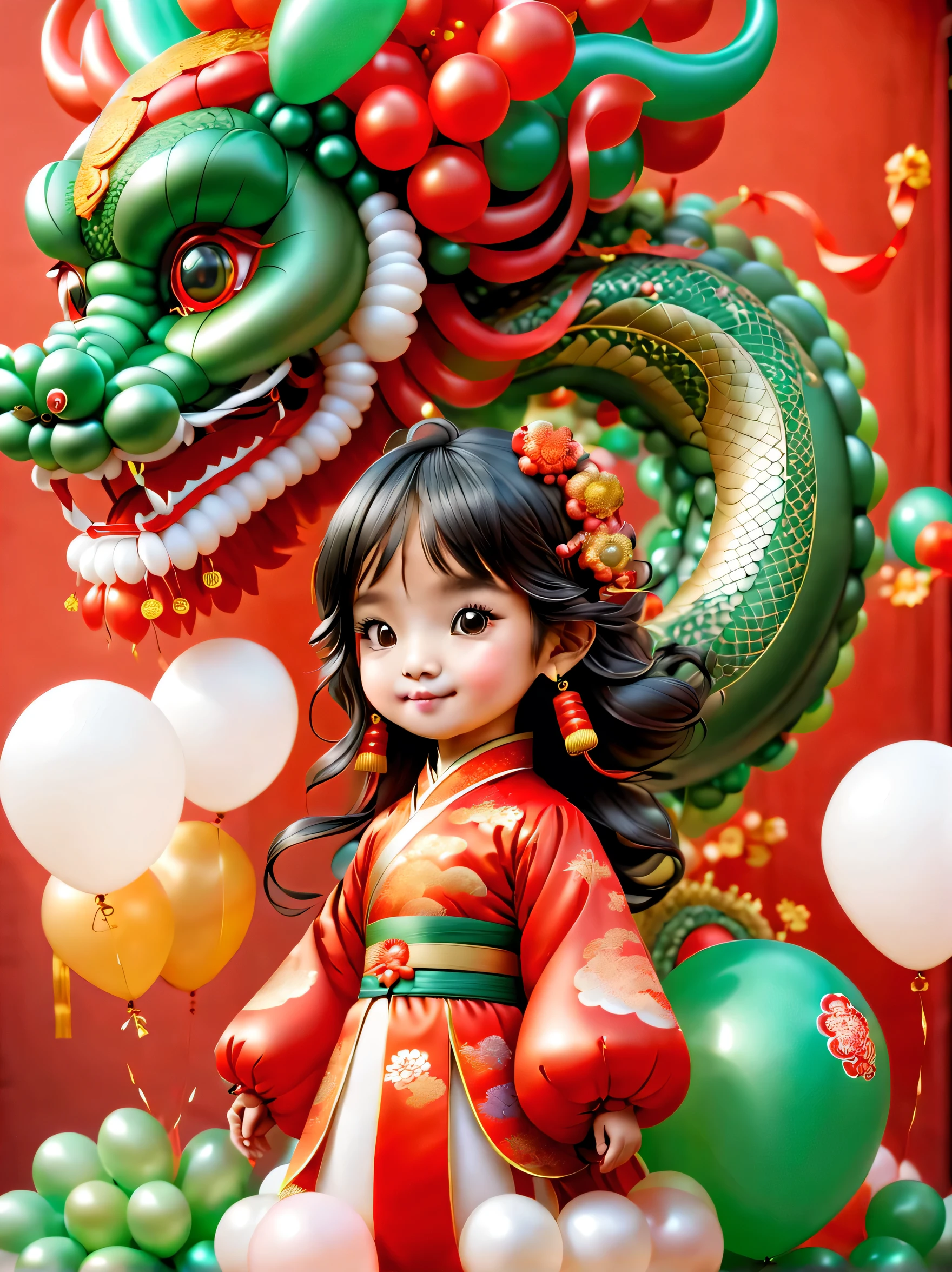 ((1 cute and festive Chinese dragon made of balloons and a  made of balloons, wearing traditional Chinese clothes made of balloons, Spring Festival, firecrackers, auspicious clouds, red background)), Cute and detailed digital art, lovely digital painting, Cute balloon penguin, Lovely detailed artwork, ((Cute vector illustration)), digital painting very detailed, Cute and colorful, adolable, Highly detailed digital artwork, Detailed and colorful