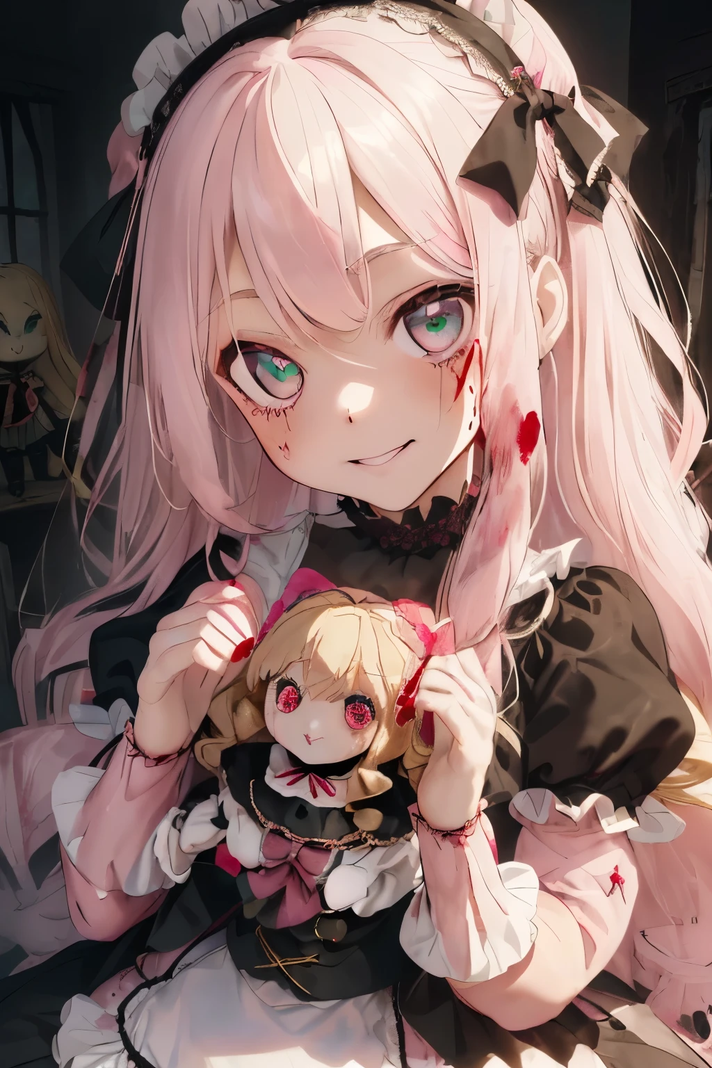 (Puppets:1.5),(marionette:1.4),girl,(blonde:1.3),(long hair with curls:1.35),(green eyes:1.45),(A gorgeous dress like a French doll:1.5),(Princess-like clothes with lots of frills and lace:1.45),(A dark space like a haunted house:1.45),(jewelry and ribbon ornaments and accessories:1.35),(Puppetsが部屋にたくさん:1.5),(pink and black and white and red:1.4),(fearless smile:1.25),(A suspicious smile that is plotting something:1.2),(bloody doll:1.5),(horror:1.4),(👻:1.3),