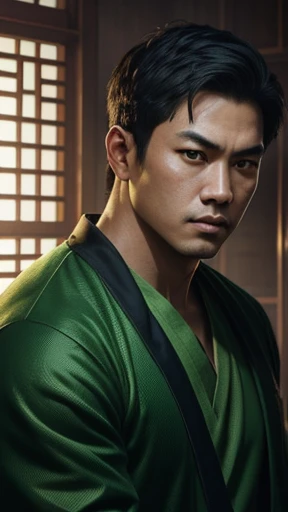 oriental、man wearing green clothes、wearing a jersey、Drooping eyes、Have a camera、highest quality、masterpiece、ultra high resolution、(Photoreal:1.4)、game poster、inside the house、Upper body、highest quality、masterpiece、ultra high resolution、(Photoreal:1.4)、game poster