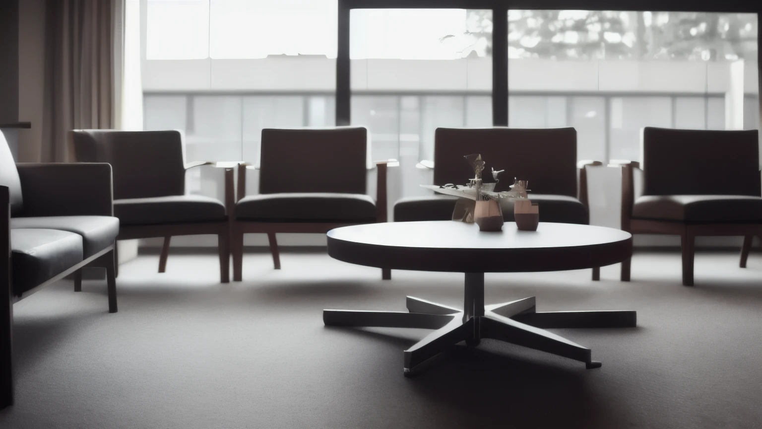 Abstract blur Table and sofa in waiting area of luxury hospital or hotel. Clinic interior background. Healthcare and medical concept. Focus on circle table. Defocused bokeh effect background or backdrop for business concept.