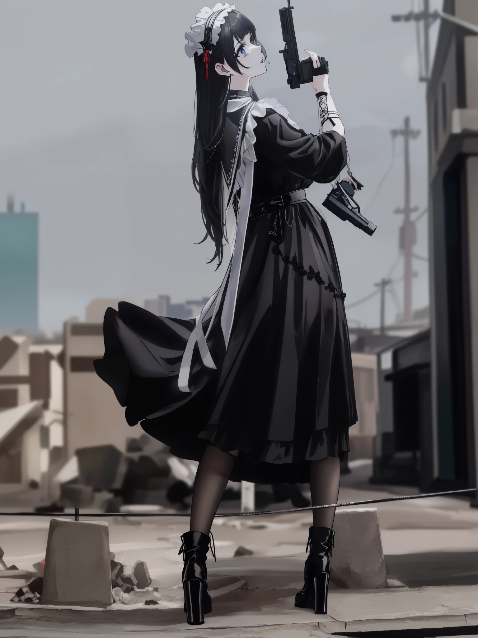 araffe dressed in black and white holding two guns, wearing modern gothic clothes, black gothic lolita dress, wearing japanese techwear, cyberpunk dress, anime girl cosplay, cyberpunk fashion clothing, gothic maiden anime girl, techwear occultist, victorian gothic lolita fashion, anime cosplay, gothic clothes, fashionable dark witch, wearing a gothic dress, dark gothic dress