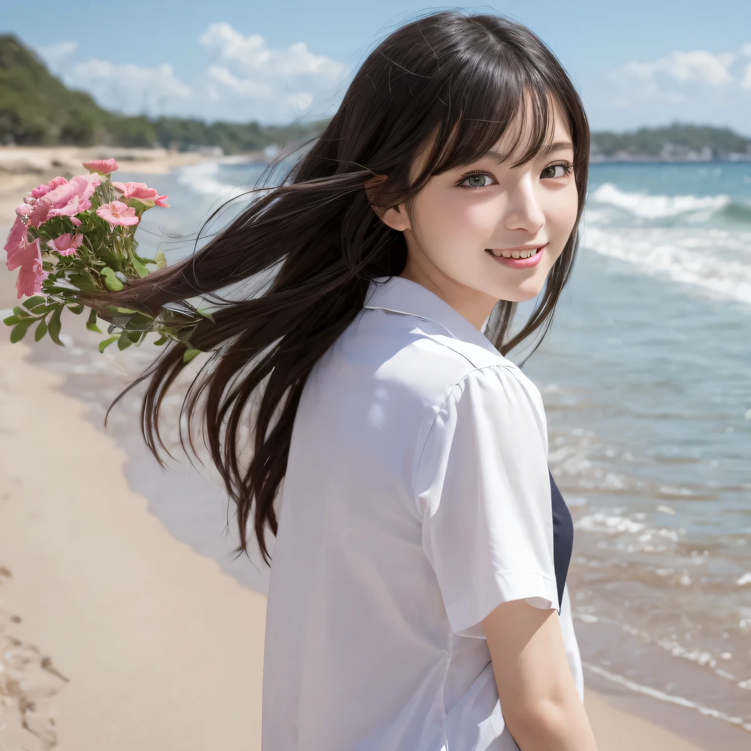 on the table, best quality, illustration, Super detailed, fine details, high resolution, 8k wallpaper, Perfect dynamic composition, Beautiful and delicate eyes,whole body摄影,show your whole body、collared shirt、long gray hair, Bold sexy pose,Smile,Harajuku、20 year old girl、huge :1.5、Look at the sexy shots of the camera, whole body, Rear view、Holding a bouquet of flowers、standing at the beach、from below、Put your hands behind your back