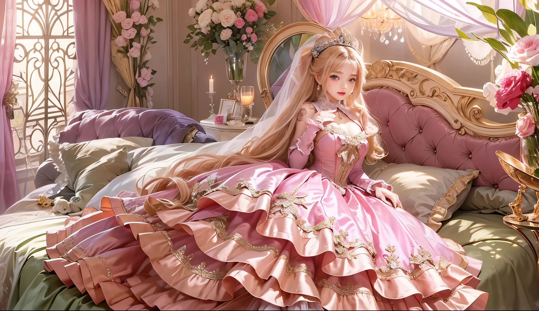 highest quality, masterpiece, highest resolution, artwork, super それにget used to it, many get used to it, get used to it, それにget used to it, romantic,woman, ((10 years old)),the girl is a princess,((dark pink satin fabric)),pink victorian dress, ((Gorgeous princess rococo ball gown dress with voluminous full-length hoop skirt)),long sleeve,long dress,A dress with lots of frills and ribbons..,luxury,((Palace bedroom)),((Huge Victorian canopy bed)),フリルの付いたシルクのピンク色のベッドカバー,ベッドの上に沢山の枕,フリルが付いたふわふわの枕,ベッドの上に少女は座っている,