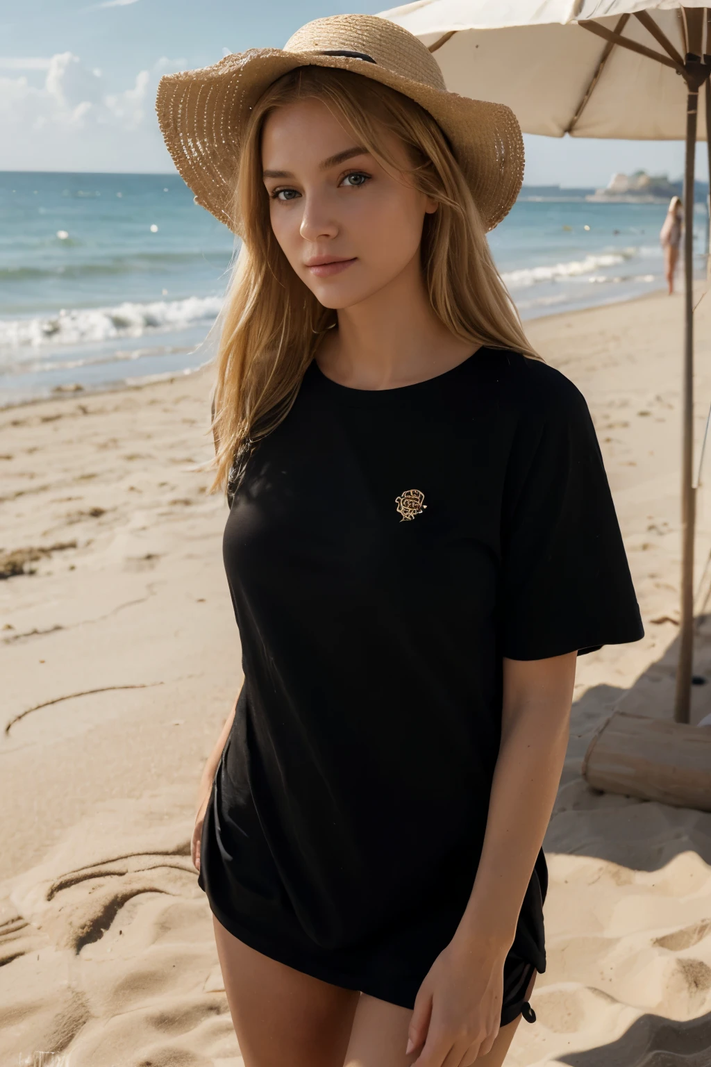 ((best quality)), ((masterpiece)), ((high res)), ((perfect photograph)), ((realistic)), (perfect face), gorgeous woman, blonde hair, on beach, walking towards camera on beach, wearing a long black t-shirt, happy, wearing sunhat, light shining on shirt, knot on shirt to the side