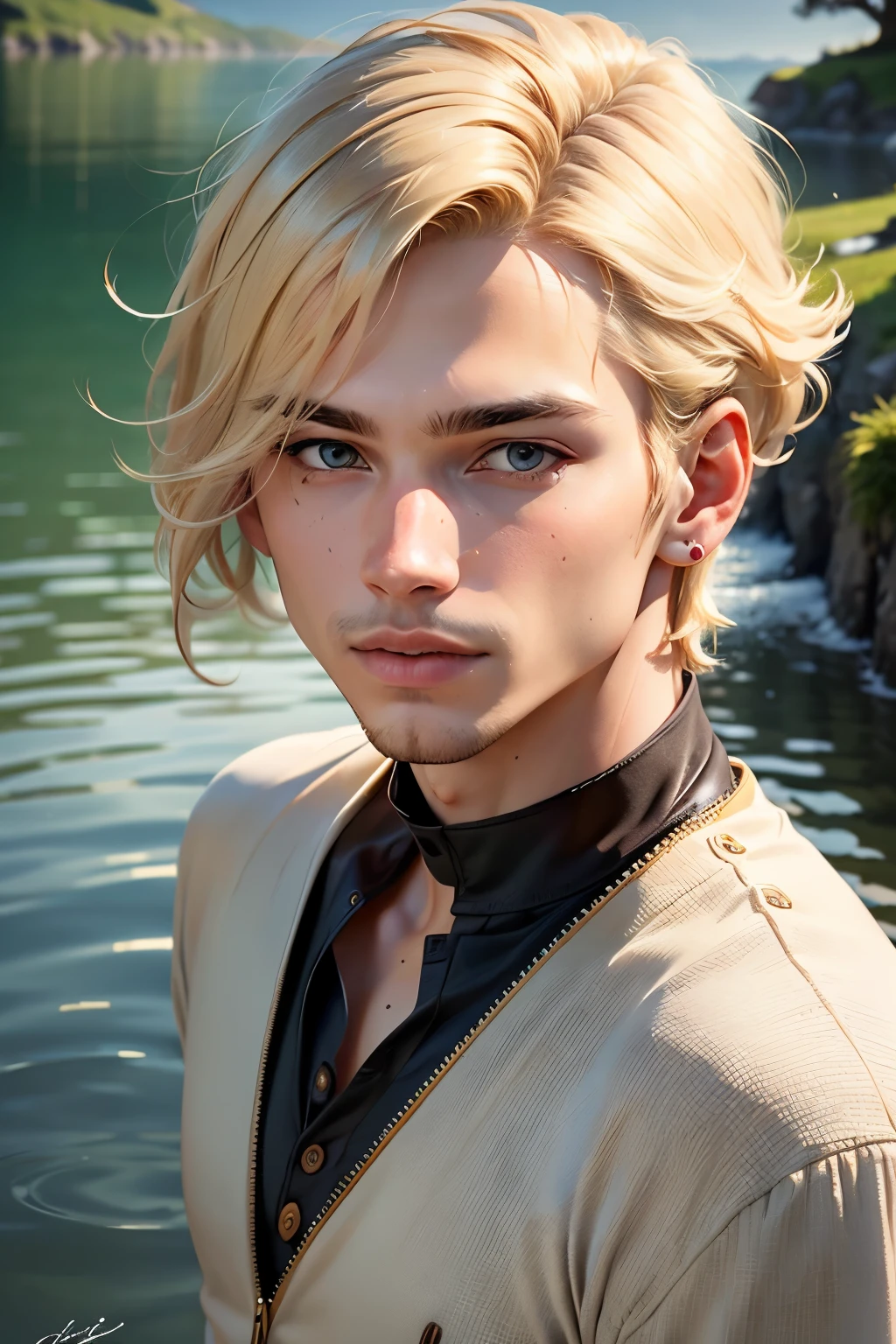 ((best quality)), ((masterpiece)), (detailed), perfect face, Looking at one's reflection in the lake, Man1, blond hair, Handsome