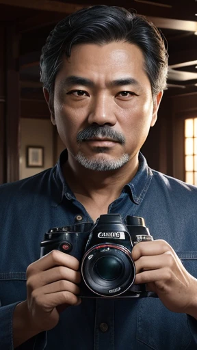oriental、middle-aged man with a camera、Drooping eyes、I'm shooting with my camera、highest quality、masterpiece、ultra high resolution、(Photoreal:1.4)、inside the house、Upper body、highest quality、masterpiece、ultra high resolution、(Photoreal:1.4)、game poster