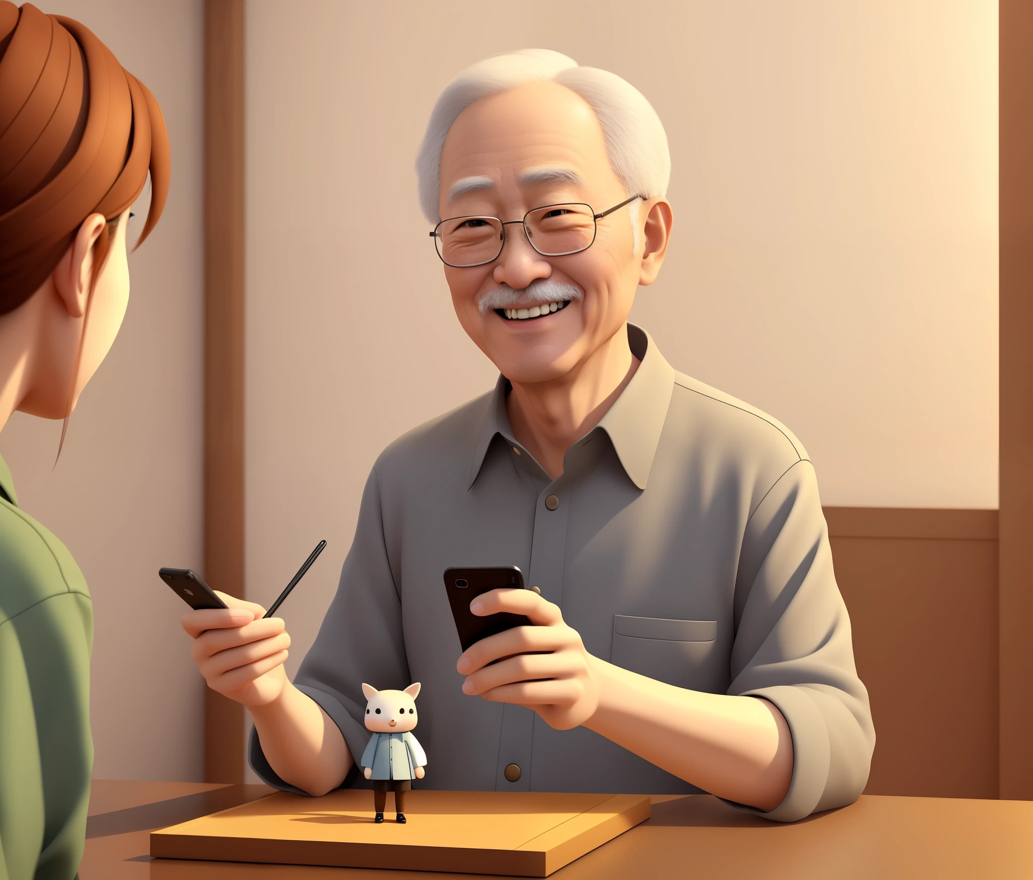 A scene of a grandfather looking at the table, Digital cartoon art, grandpa cartoon figures, high quality portraits, Digital animation illustration, She holds a smartphone, Lofi portrait, Inspired by Kim Chung Hee, 3d rendering senior artist, Inspired by Yao Tingmei, elegant digital art, Inspired by Ma Yuanyu,Bias towards realism,Spring Festival style,laughing out loud,hands open,hands open拥抱