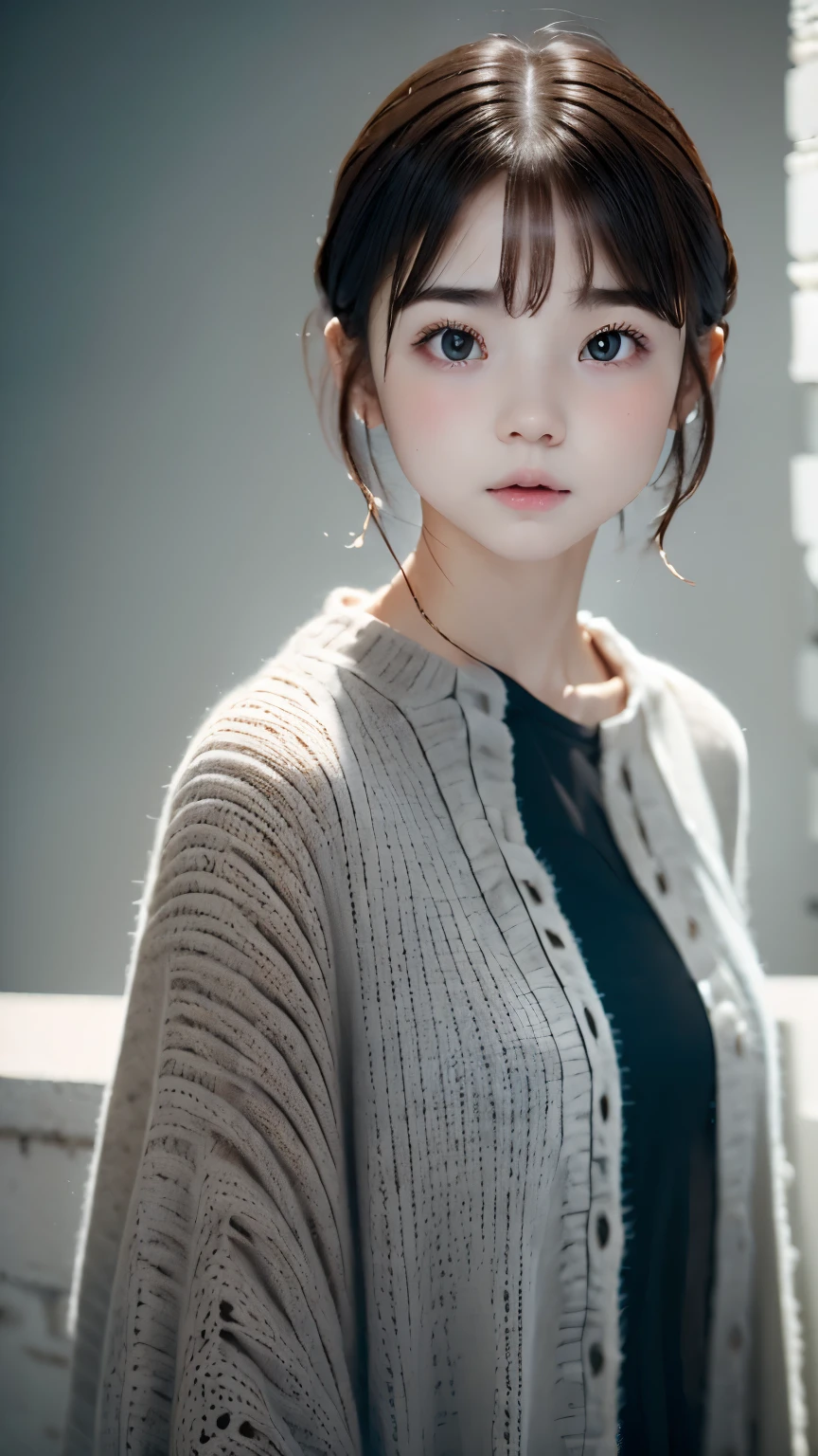 portrait、masterpiece:1.3、one girl、Upper body、Upper body、baby face、natural look、very cute、brown haine eyes、short bangs、short bob、plump lips、no makeup、Luxury shirt with lace、black shirt、最high quality、High resolution、Super detailed、high quality、Detailed details、８ｋ、(((blurred background、gray walls、gray background、White world、studio:1.5、cinematic lighting、professional photographer)))
