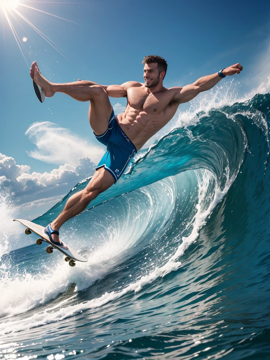 8k,8K resolution,2 Muscular Europeans, handsome man,charming eyes,rough real skin,beautiful, smooth and shiny,Full muscles,Thick body hair, (Wearing fashionable swimming trunks),big bag,emphasize,(Sea surfing),Two men smiling happily,Skateboarding and surfing on the sea,The waves are high,Slide out of the waves quickly with your feet on the skate poles,Beautiful and professional posture,professional lighting,Professional photography,Realistic photos,realistic model,realistic art