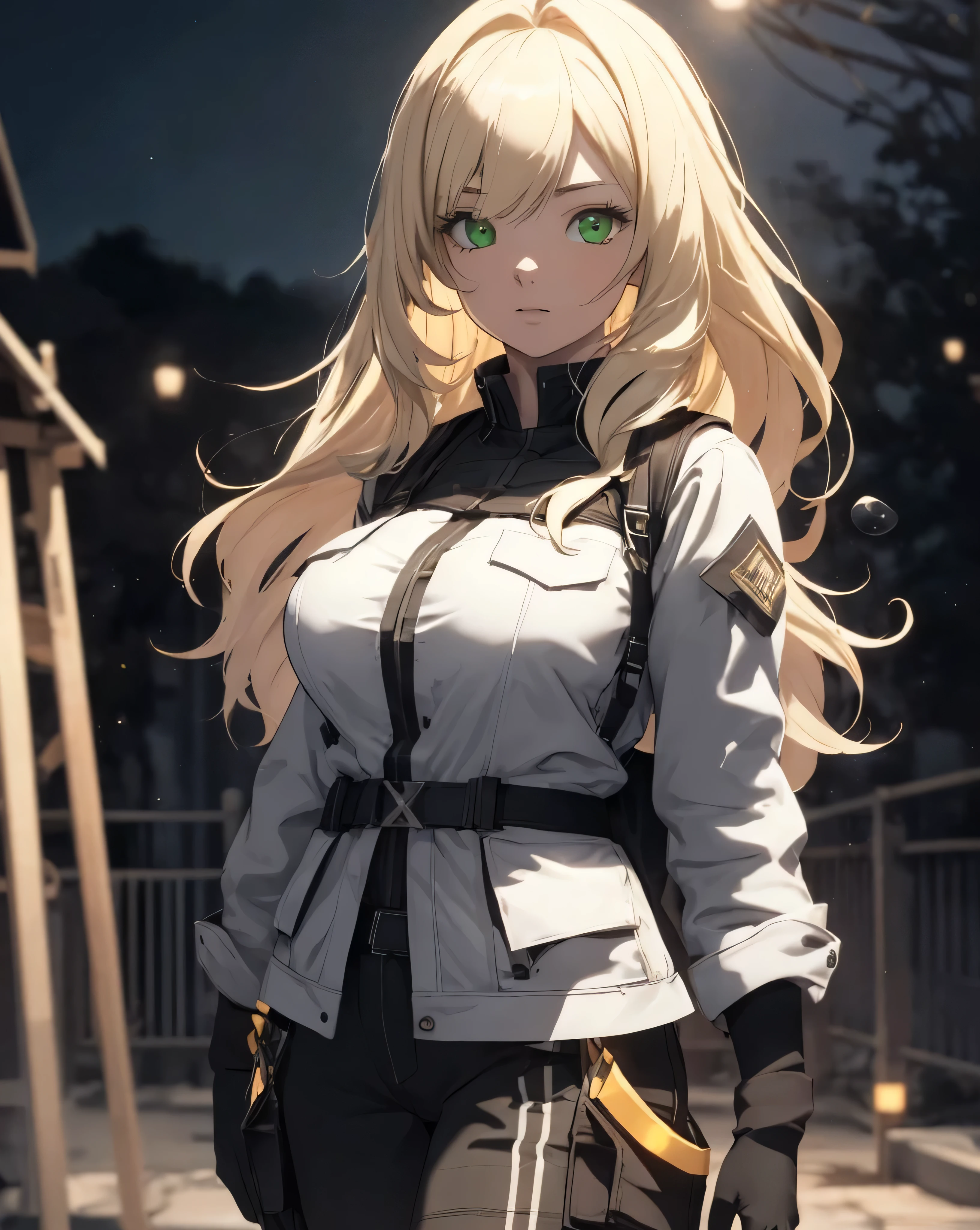 a girl blowing a big bubble gum with both of her hand in her pocket , (put one's hand in one's pocket:1.4), (big bubble gum:1.4), (Shibuya Ward:1.4), (night lights:1.4), (thick body:1.4), (long blonde hair:1.4), green eyes, HDR (high dynamic range), ray tracing, NVIDIA RTX, super resolution, unreal 5, Scattered beneath the surface, PBR texturing, Post-processing, anisotropic filtering, Depth of bounds written ,maximum clarity and sharpness, multilayer texture, Albedo and specular maps, surface shading, Accurate simulation of light-matter interactions, octane rendering, two-tone lighting, Low ISO, White balance, Rule of thirds, wide aperture, 8K students, efficient subpixel, subpixel convolution, (luminescent particles:1.4), {{masterpiece, highest quality, Very detailed CG, unity 8k wallpaper, 3D, cinematic lighting, Lens flare}},big breasts