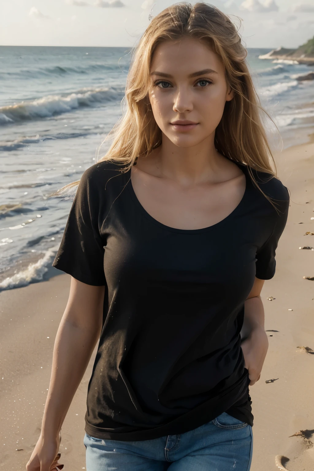 ((best quality)), ((masterpiece)), ((high res)), ((perfect photograph)), ((realistic)), (perfect face), gorgeous woman, blonde hair, on beach, walking towards camera on beach, wearing a long black t-shirt, happy, light shining on shirt, knot on shirt to the side