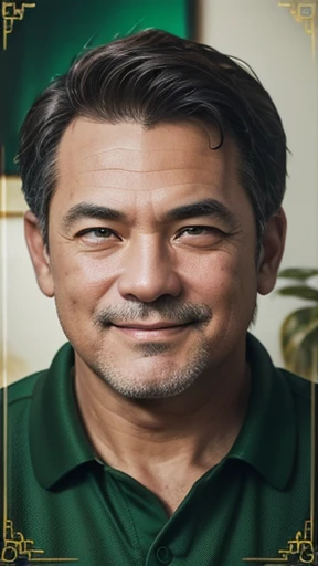 middle-aged man with a camera、oriental、Drooping eyes、wearing a green jersey、grinning face、highest quality、masterpiece、ultra high resolution、(Photoreal:1.4)、inside the house、Upper body、highest quality、masterpiece、ultra high resolution、(Photoreal:1.4)、game poster