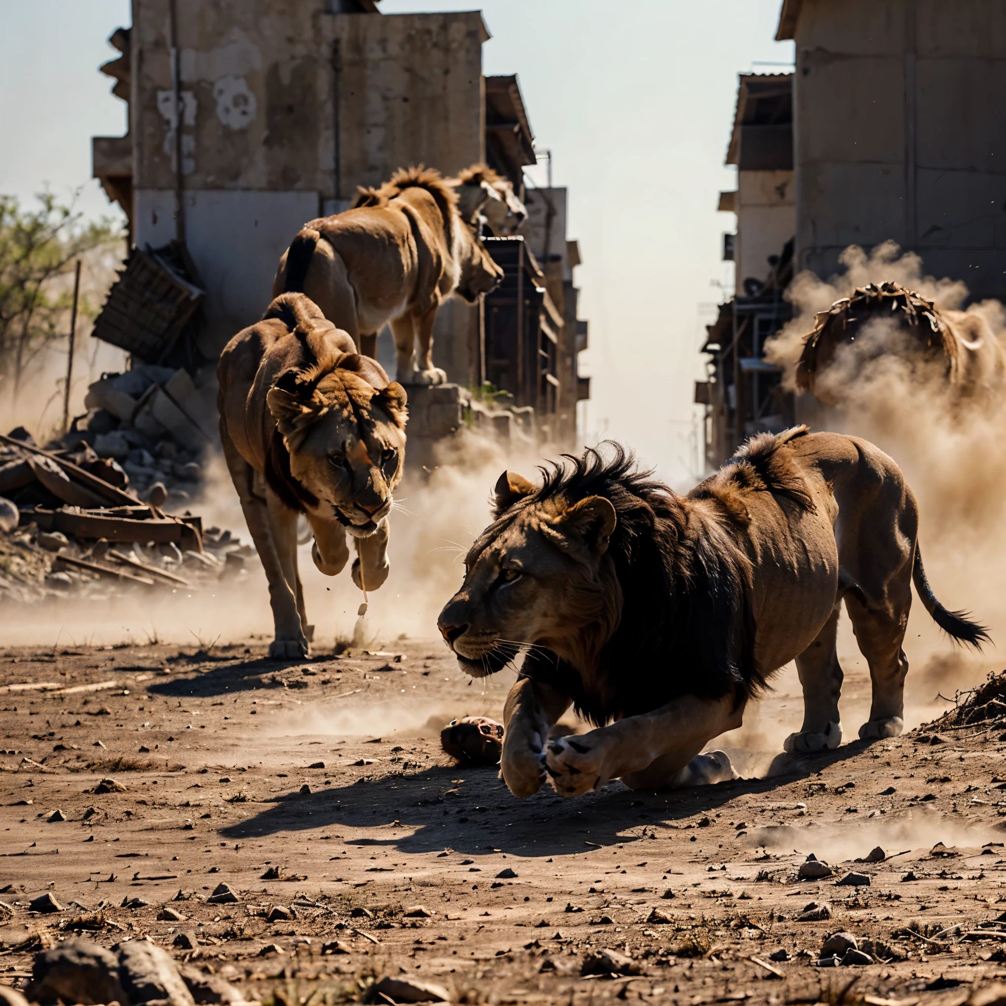 Two lions are fighting in dust and fog in low light
