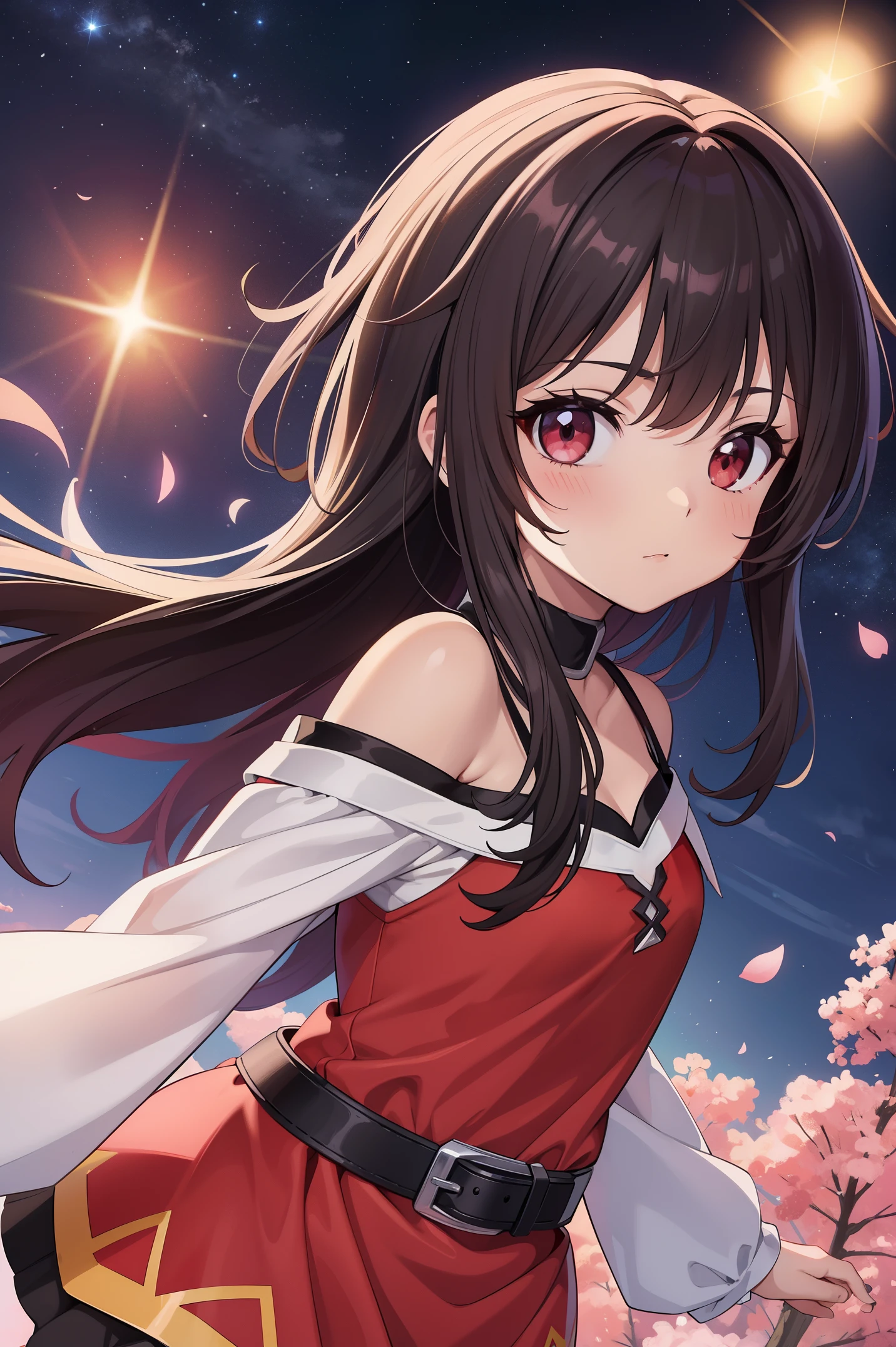 1 garota (Megumin) em、Cabelo castanho curto 、red eyes、Drawn from a specific angle、Looking at the camera、dedo delicado、beautiful lighting、fofinho pink and white dress、fofinho、Plano de fundo com Stars shine in the night sky(High resolution of the highest quality)、((Obras-primas da mais alta qualidade:1.2))