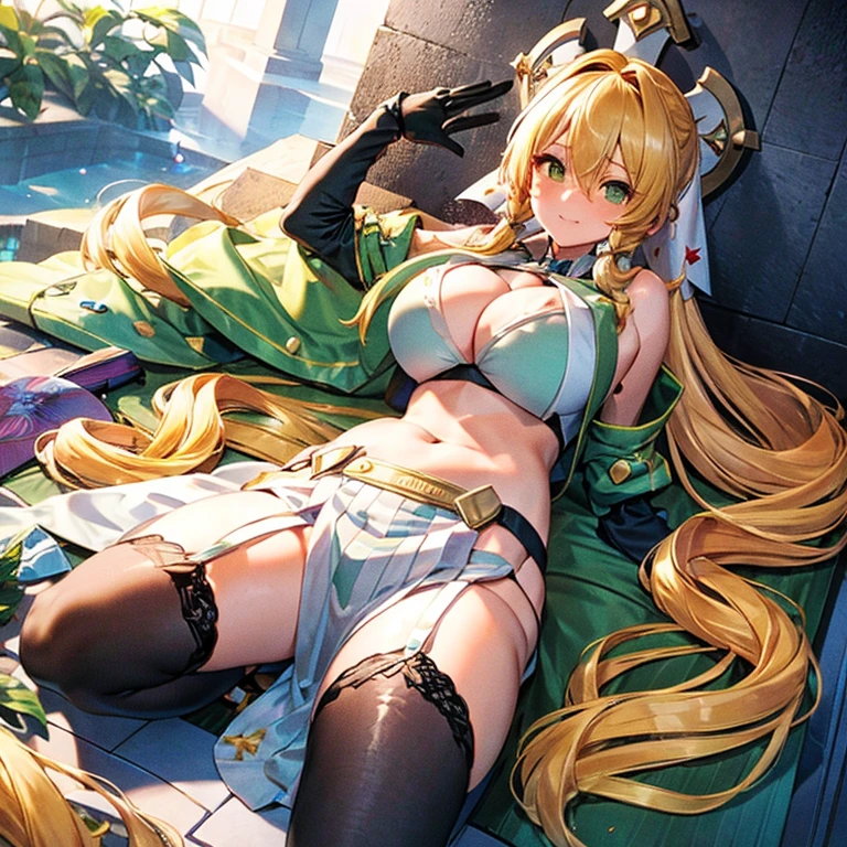 (Very good image quality), 1 girl Emerald green hair, long twin tails hair, back braid, low braid, bangs covering one eye, white veil, beret, silver tiara, yellow eyes, black blindfold, (chain) (bracelet with chain), (leg rings with chains)(chain connected to the wall), fully extended arms, fully extended legs, magical girl, off-shoulder, Kimono over bikini,pleated skirt, spreading skirt, bikini that can be worn inside, lace fabric bikini, black bikini, garter belt, Thigh-high socks, exhaustion, blushing, sweatyumekawa,yumekawaii,pastel color,(wonderland garden:1.3),rainbow waterfall,dripping ink,imagination,(Castle:1.4),