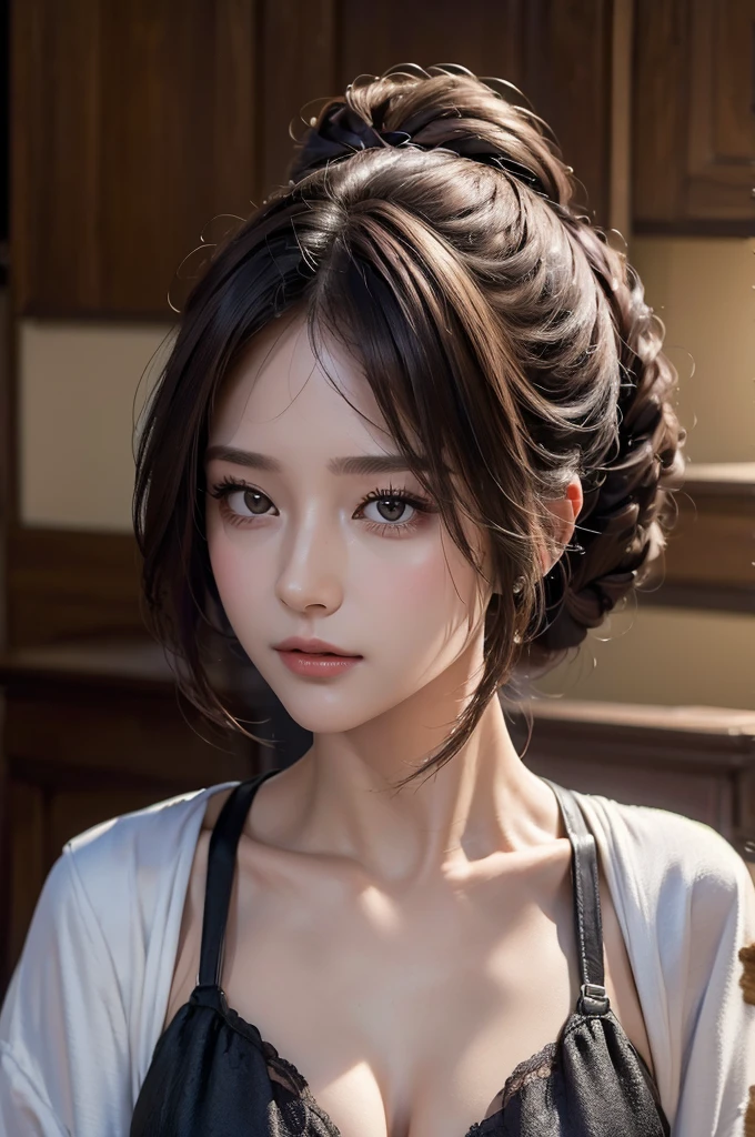 ((Best quality, 8k, Masterpiece :1.3)), 1girl, Pretty woman with emphasizing slender abs :1.3, (random hairstyles :1.2), Ultra-detailed face, Detailed eyes, Double eyelid, jacket