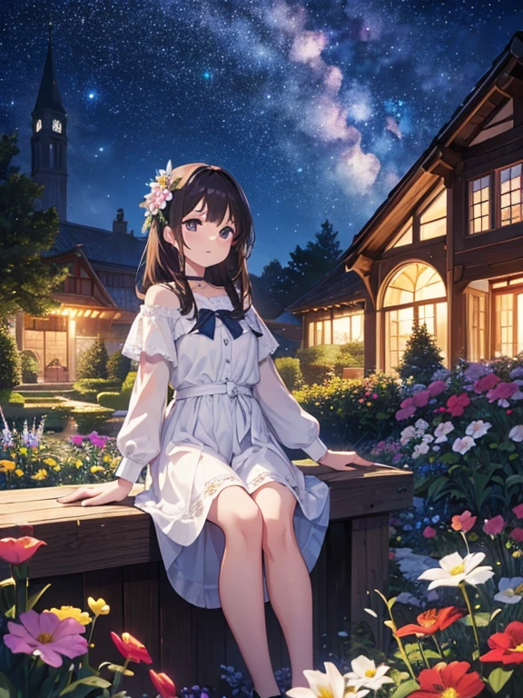 Starry sky, flying house, flower garden, light, Pflanzen, Girl sitting, Brown hair, brown eyes, See, shade, Girl, colorful, Aquarell, cheerful, uhd