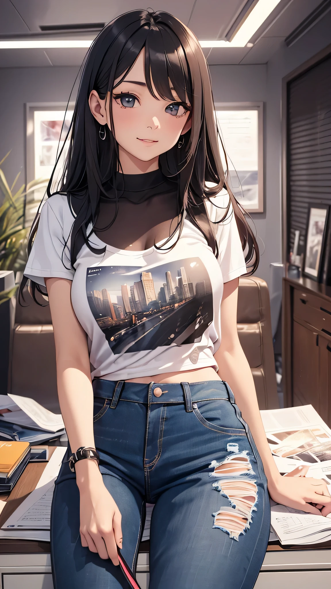 最high quality、best image quality、masterpiece、age girl((18-year-old、 By becoming、vest bust、medium bust,wide open breast tea、black eye, black hair、long hair、thin,highest valley、Torn black t-shirt(2:3)、cute smile,damaged pants(2:3)、Service Shots)),high quality、beautiful art、background((studio、white wall、tv set、)),debris flies、Depth of written boundary、movie、visual art、perfect art、8K,genuine