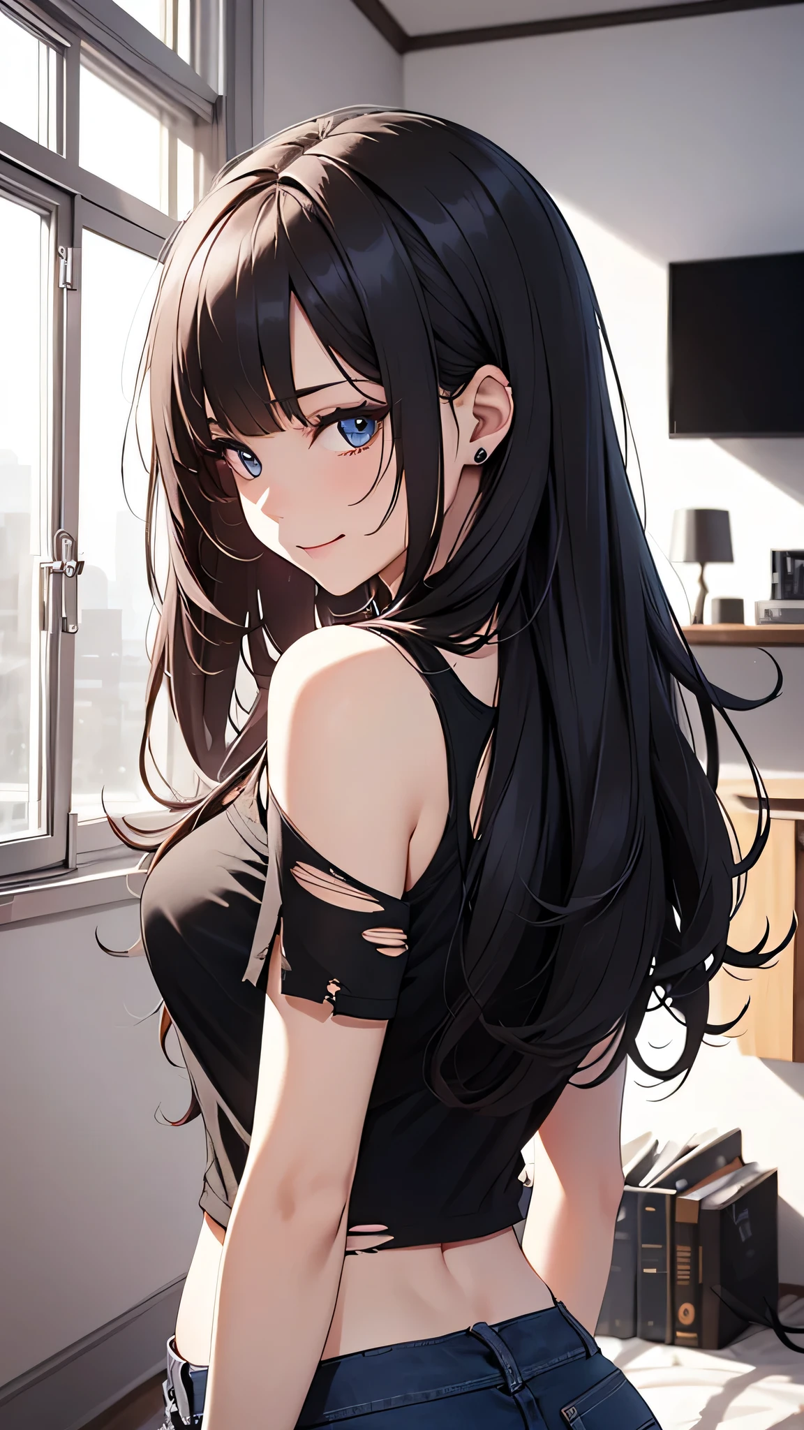 最high quality、best image quality、masterpiece、teenage girl((18-year-old、 By becoming、vest bust、medium bust,wide open breast tea、black eye, black hair、long hair、thin,highest valley、Torn black t-shirt(2:3)、cute smile,damaged pants(2:3)、Service Shots)),high quality、beautiful art、background((studio、white wall、tv set、)),debris flies、Depth of written boundary、movie、visual art、perfect art、8K,genuine