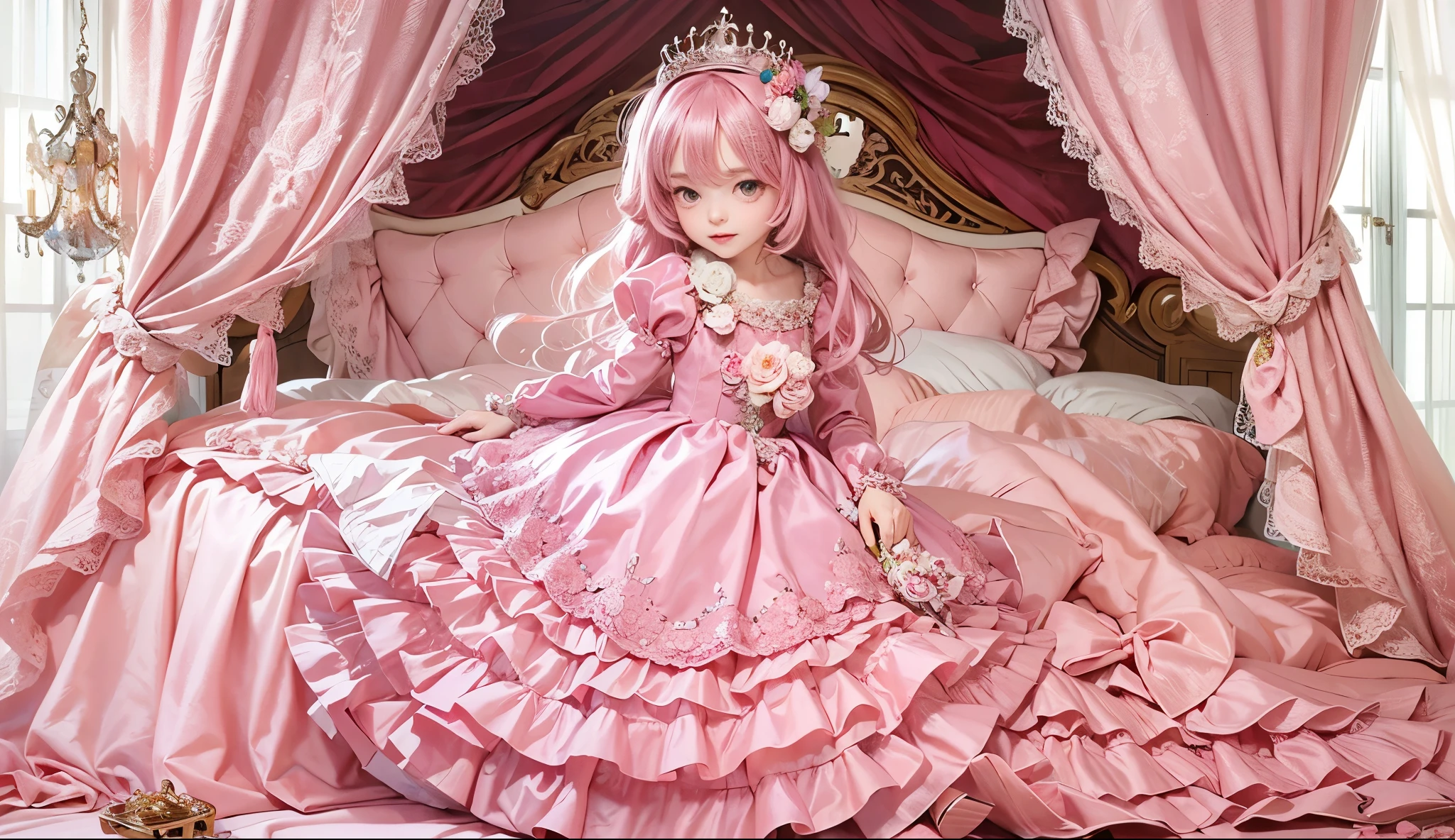 ((More realistically)),,highest quality, masterpiece, highest resolution, artwork, super それにget used to it, many get used to it, get used to it, それにget used to it,(), (),(cute girl),(10 years old),((white skins)),((blond hair)),((blue eyes)),the girl is a princess,((girly dark pink satin fabric)), ((A Victorian ballgown princess dress with plenty of pink ruffles and bows and a voluminous full-length hoop skirt.)),long sleeve,long dress,A dress with lots of frills and ribbons..,luxury, ((Palace bedroom)), ((Huge luxury victorian canopy king size princess’s bed)), lots of frilly pillows,ruffle bed skirt,sitting on the bed,high quality beautiful girl,high quality dress,high quality princess’s bed,Super detailed background, (unity 8K wallpaper)