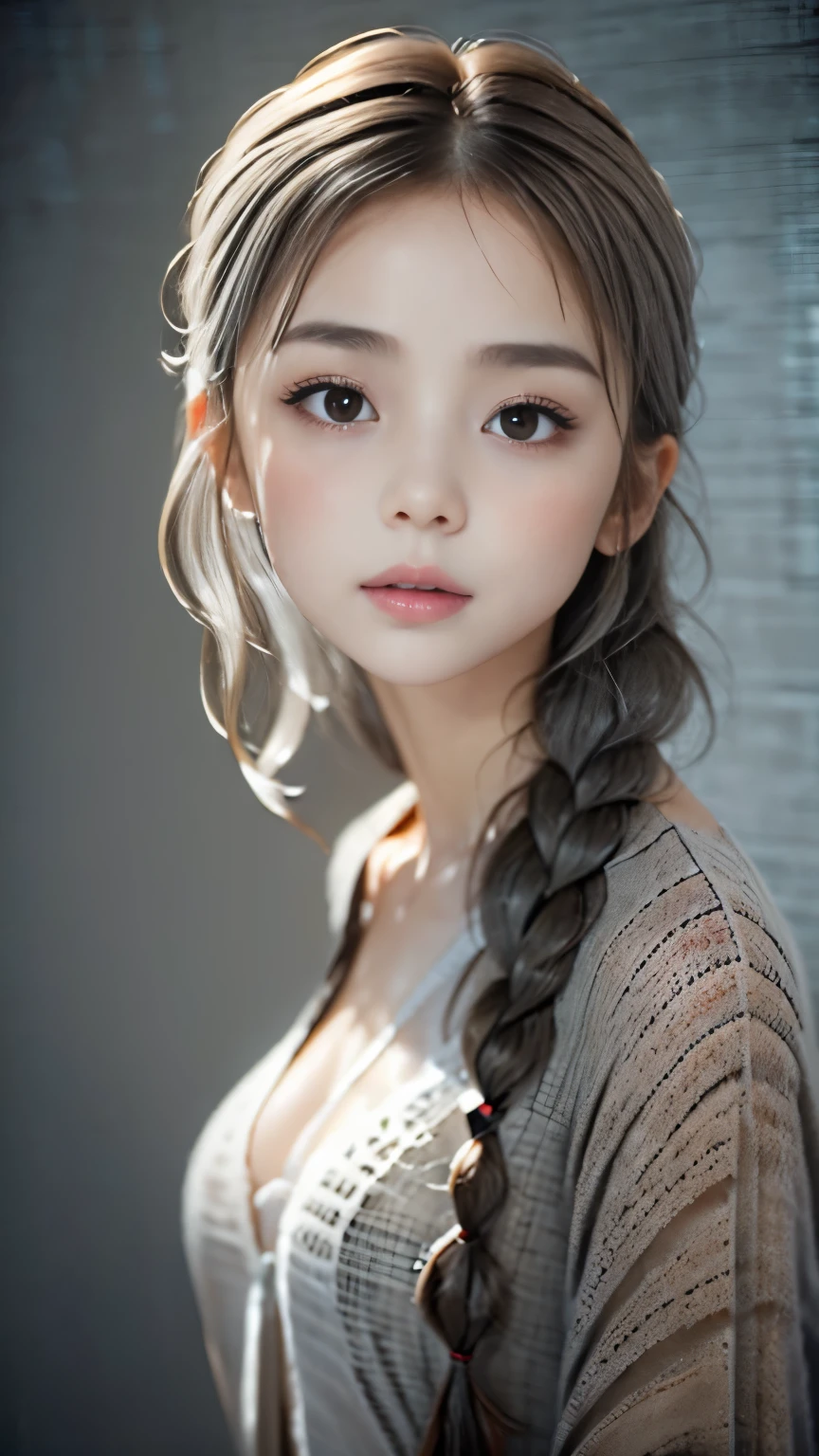 Portrait、master piece:1.3、one girl、Upper body、Upper body、、natural、very cute、brown eyes、ash gray hair、Braid、plump lips、No makeup、luxury shirt with lace、black shirt、最high quality、High resolution、Super fine、high quality、detailed details、8k、(((background blur、gray walls、gray background、White world、studio:1.5、movie lighting、Professional photographer)))