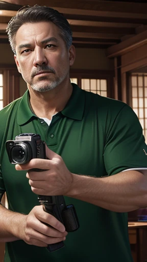 Middle-aged man shooting with camera、oriental、Drooping eyes、wearing a green jersey、highest quality、masterpiece、ultra high resolution、(Photoreal:1.4)、inside the house、Upper body、highest quality、masterpiece、ultra high resolution、(Photoreal:1.4)、game poster