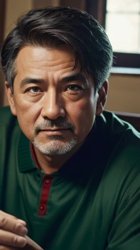 A middle-aged man enthusiastically taking pictures with his camera、oriental、Drooping eyes、wearing a green jersey、highest quality、masterpiece、ultra high resolution、(Photoreal:1.4)、inside the house、Upper body、highest quality、masterpiece、ultra high resolution、(Photoreal:1.4)、game poster