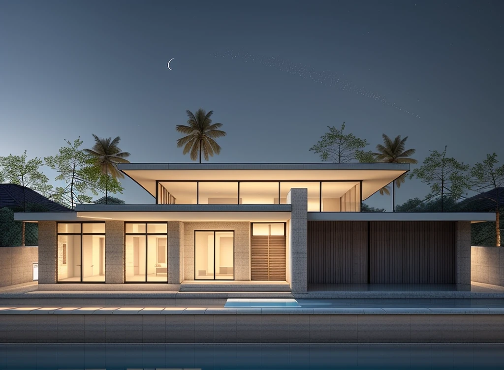 sketch,building,water,reflection,stones,tree,Curve,blue sky,night,