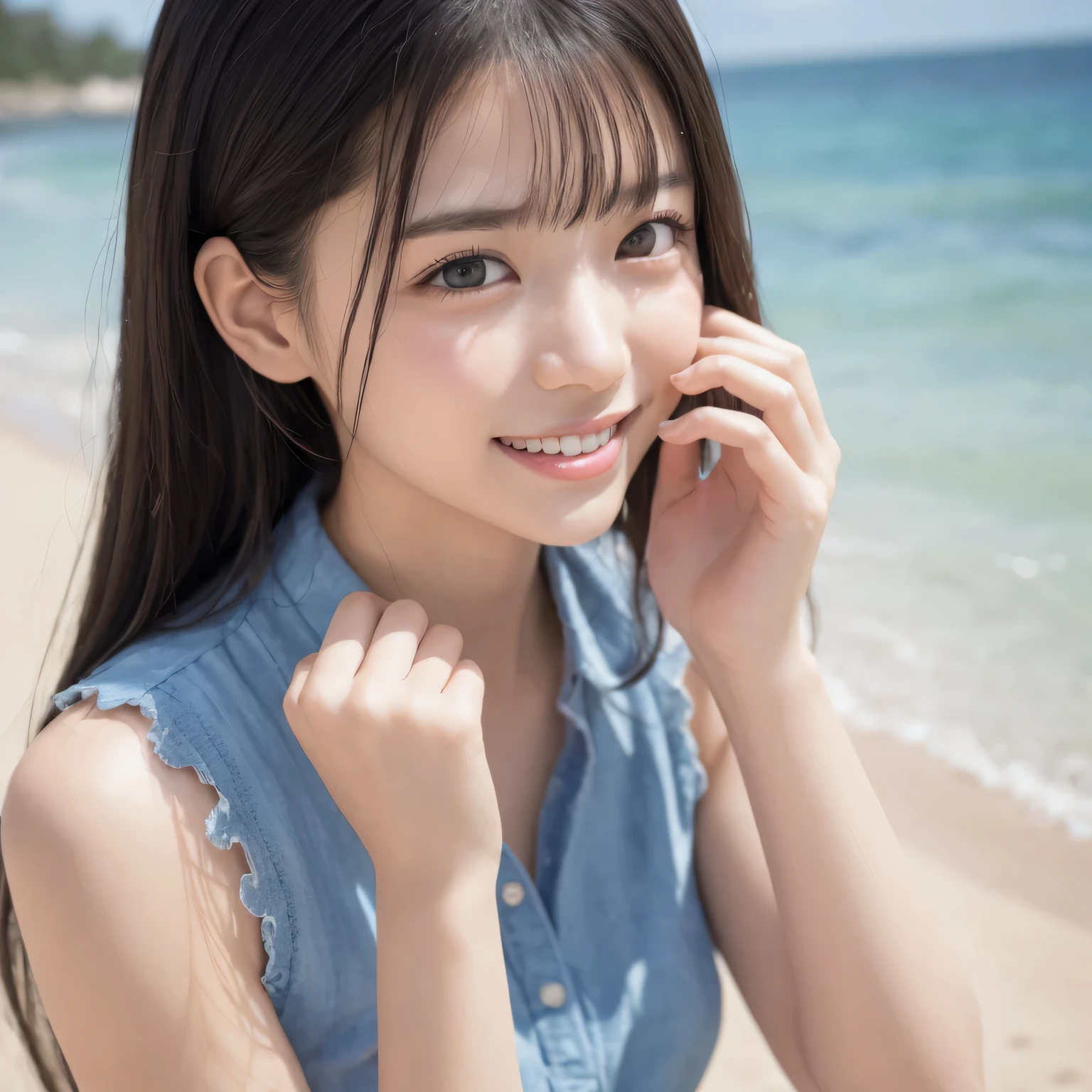 on the table, best quality, illustration,original photography,(((ultimate beauty portrait))),((sparkling skin)),1 girl,Super detailed, fine details, high resolution, 8k wallpaper, Perfect dynamic composition, Beautiful and delicate eyes,whole body摄影,show your whole body、collared shirt、long gray hair, Bold sexy pose,Smile,Harajuku、20 year old girl、huge :1.5、film grain、富士XT3 、shallow view deep、natural soft light、Kamimei,Look at the sexy shots of the camera, whole body, Rear view、Holding a bouquet of flowers、standing at the beach、from below