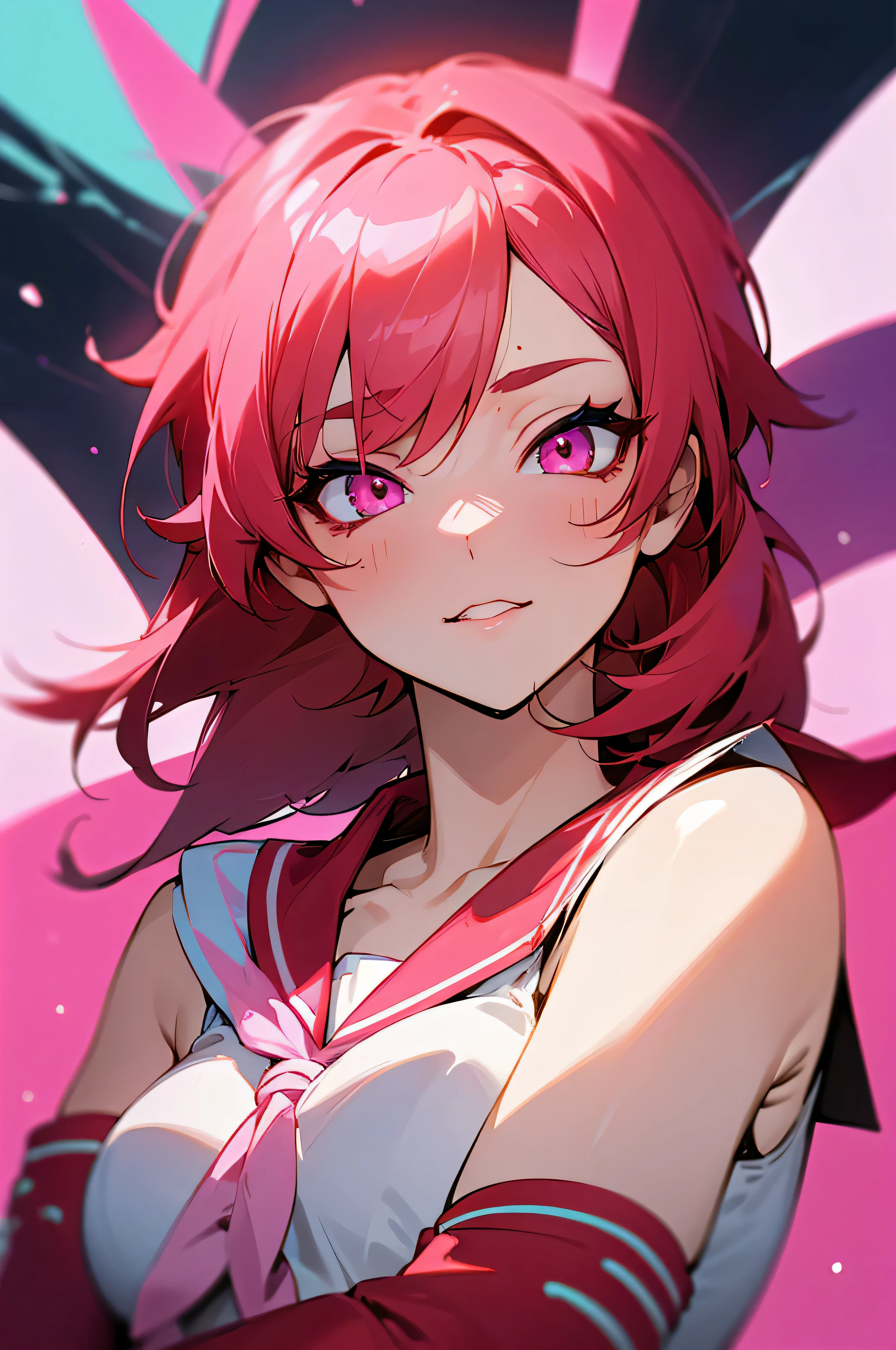 Neon Hair、look at the camera、Red hair、Upper body、sexy pose、short hair、erotic face、Ahegao、sailor suit、look at the camera、Medium chest、pink eyes、long hair、universe、