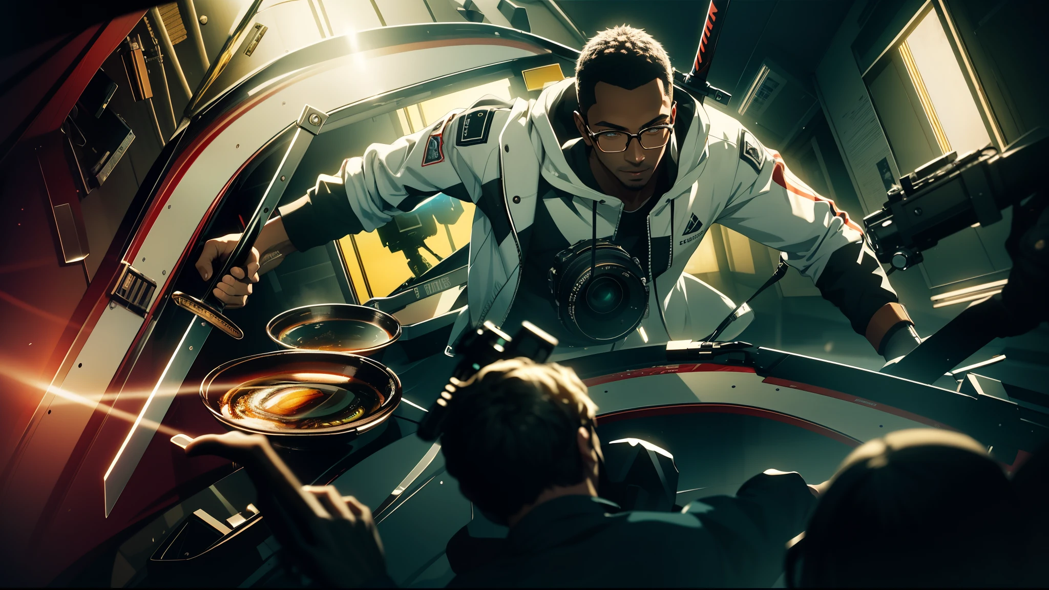 Capture the breathtaking moment as a young, dark-skinned man wearing glasses, dressed in a crisp white windbreaker hoodie, holds katana sword. This RAW masterpiece showcases an ultra-high resolution, photorealistic full-body portrait, illuminated by the warm glow of sunlight. The scene is rendered in the captivating style of mecha sci-fi anime, boasting an impressive 8K resolution for the best quality imagery. Crafted with Unreal Engine 1.4, this piece features ultra-realistic 64K CG, skin texture at 1.4, and volumetric fog to add depth and atmosphere. The details are further enhanced with 8K UHD, DSLR quality, film grain, and the artistic touch of lomography. The result is a stunning blend of high-quality visuals, translucent effects, and photorealism that truly captivates the viewer.