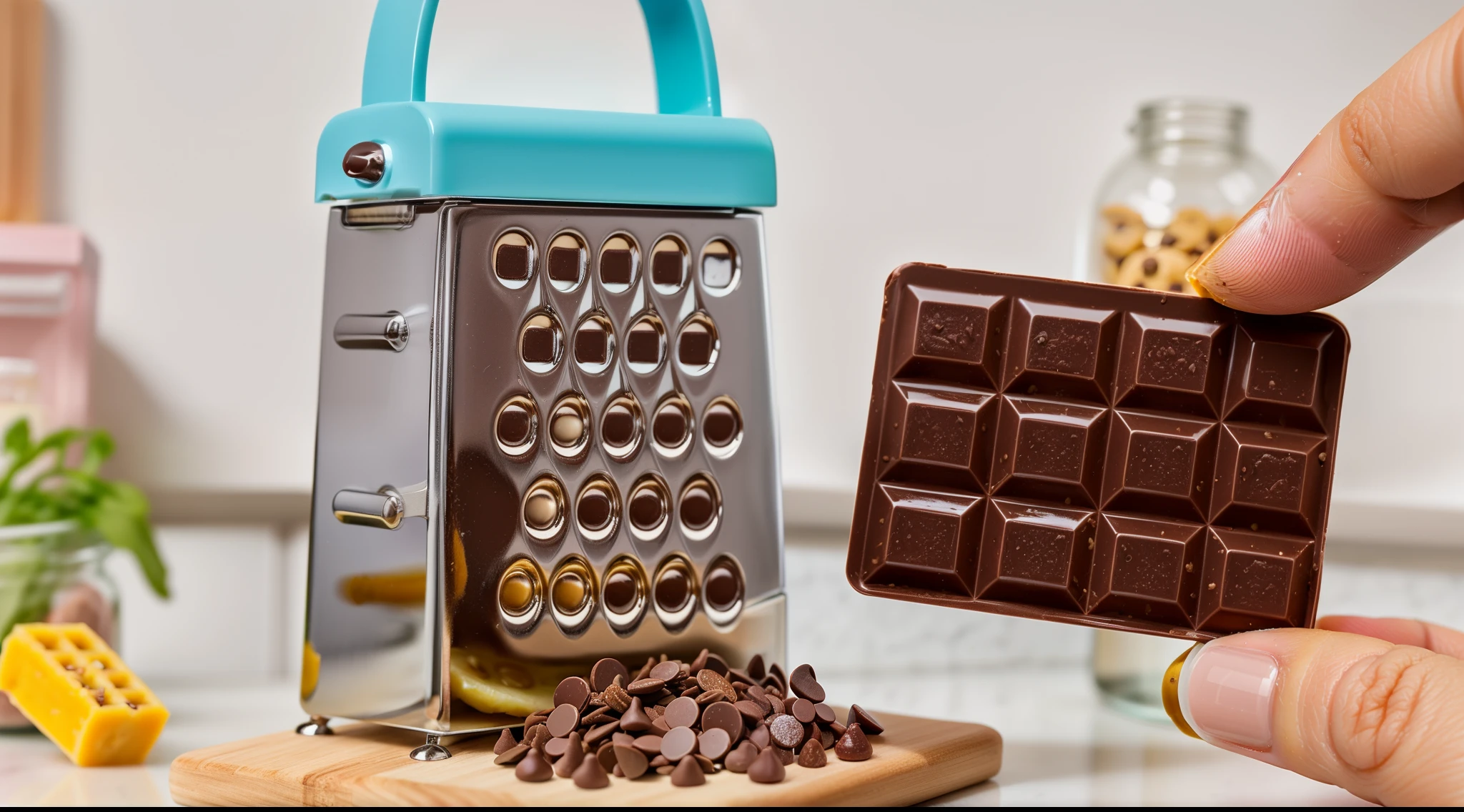in a miniature kitchen,
there's a grater nearby, brown chocolate chips, fingers holding a miniature chocolate bar, realistic style, realistic textures, Macro photo, detailed photo