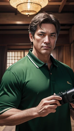 Middle-aged man shooting with camera、oriental、Drooping eyes、wearing a green jersey、highest quality、masterpiece、ultra high resolution、(Photoreal:1.4)、inside the house、Upper body、highest quality、masterpiece、ultra high resolution、(Photoreal:1.4)、game poster