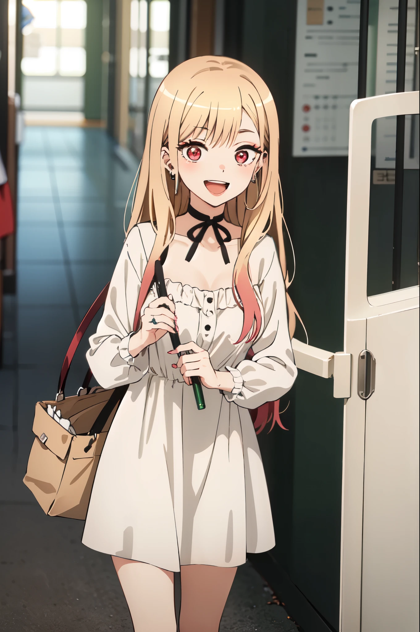highest quality, (masterpiece:1.2), be familiar with,
Kitagawa Marine SB,
1 girl, alone, open your mouth, smile, teeth,
long hair, blonde hair, red eyes, colorful hair, earrings,
Are standing, looking at the viewer,white dress、clavicle
