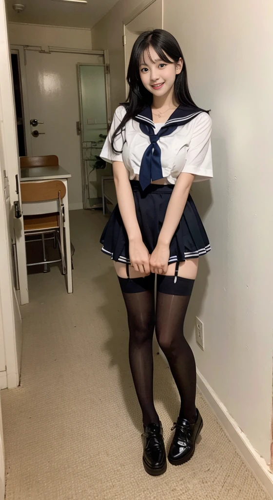 8K、top-quality、​masterpiece:1.2、Real 1.5、Realistic 1.5、Photorealsitic:1.3、18year old、girl with:1.5、Colossal tits:1.5、a sailor suit、校服、student clothes、a miniskirt、Panties visible from the skirt、cute little、A smile:1.2、sitting on、Opening legs、Open legs、Panty white、