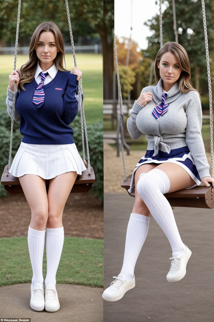 style:ultimate | Lexie Crane, as a twenty-three year old woman, large boobs, tie, preppy, Sweater sport mini skirt sitting on a swing swing on the playground you can see the legs you can see the panties photo from the bottom photo from below on the legs white knee socks long knee socks