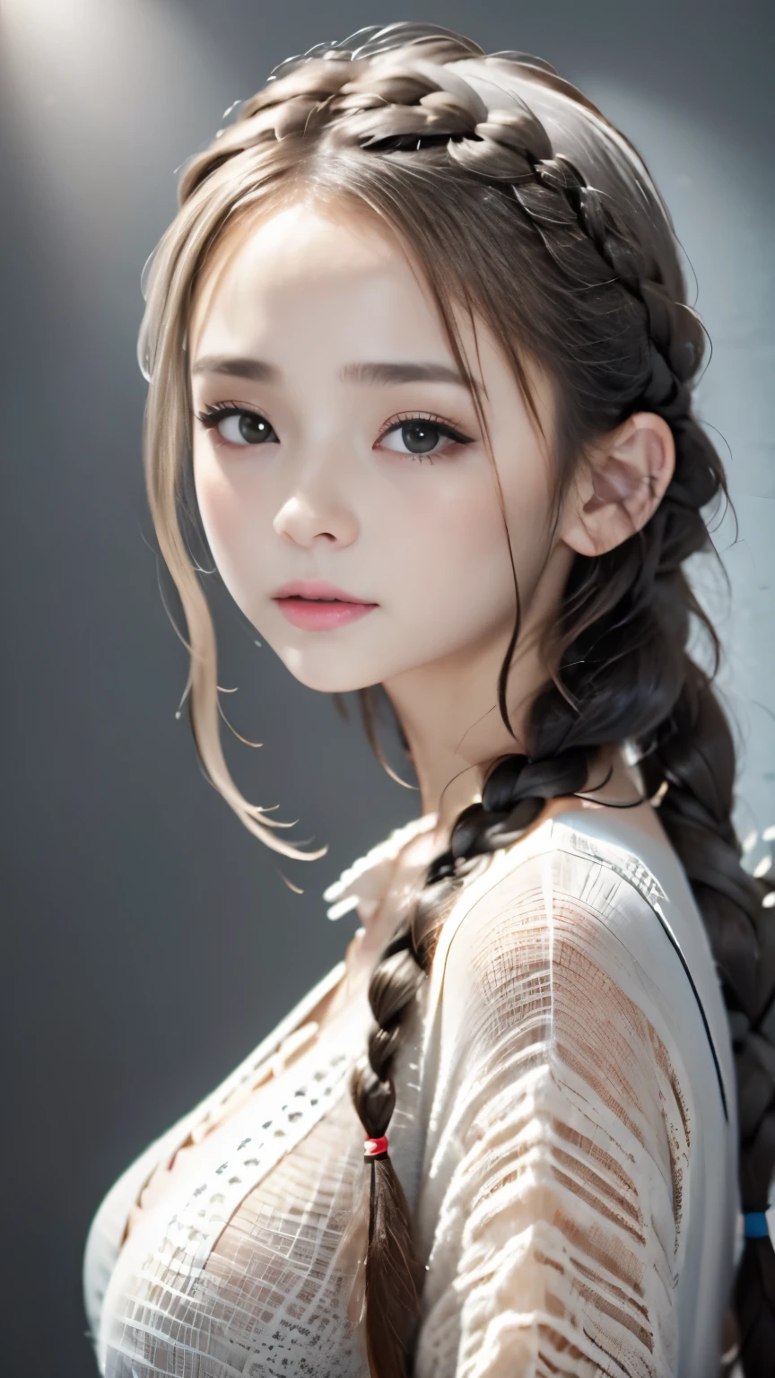 Portrait、master piece:1.3、one girl、Upper body、Upper body、baby face、natural、very cute、brown eyes、ash gray hair、Braid、plump lips、No makeup、Look like you're about to cry、luxury shirt with lace、black shirt、最high quality、High resolution、Super fine、high quality、detailed details、8k、(((background blur、gray walls、gray background、White world、studio:1.5、movie lighting、Professional photographer)))