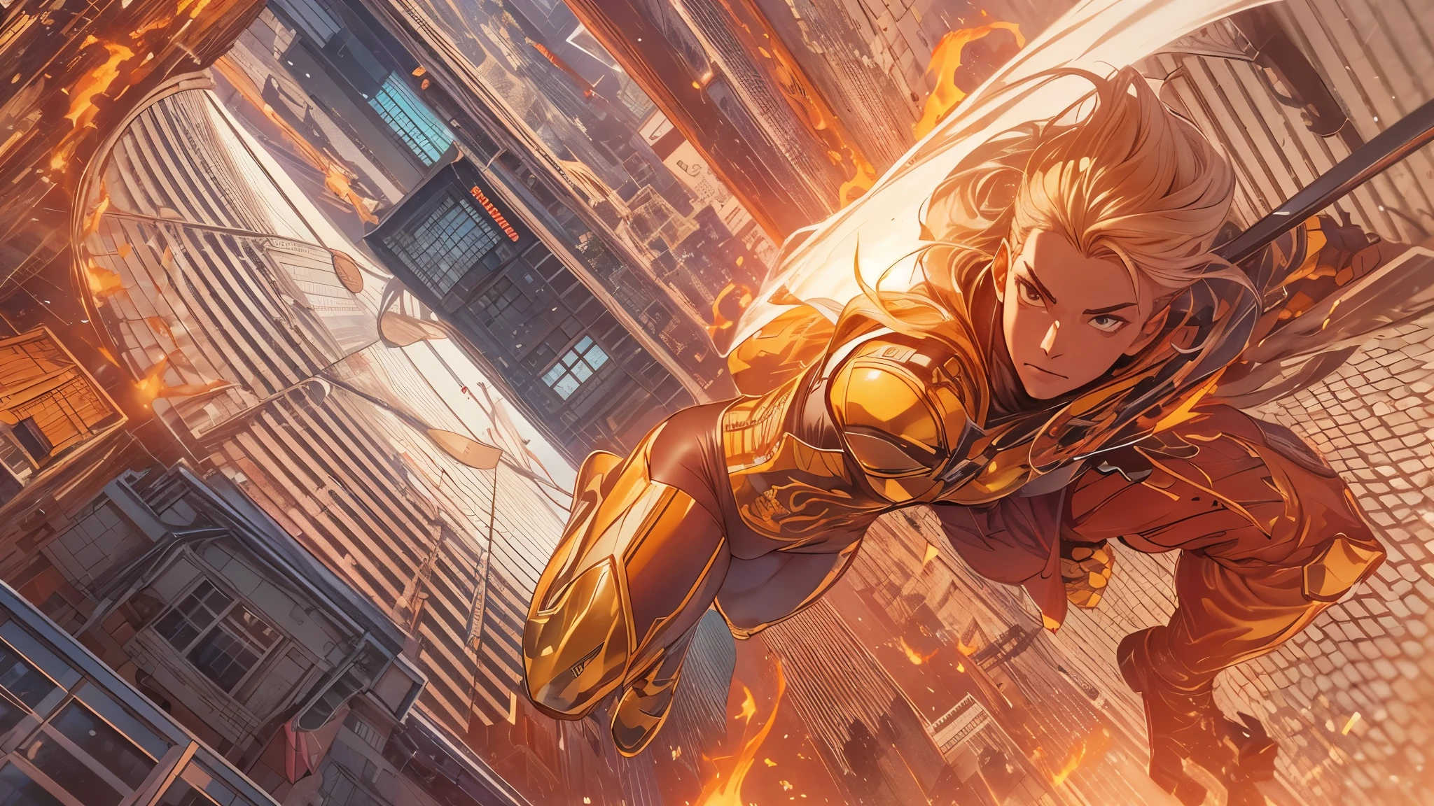 a man falling off of a building, russell dauterman, cliff chiang, human torch, reed richards, martin ansin, large view, homelander from the boys, color spread, bob larkin and tomer hanuka, image comics, greg tocchini, ghost rider, steve purcell, as a panel of a marvel comic, paul pope, This RAW masterpiece showcases an ultra-high resolution, photorealistic full-body portrait, illuminated by the warm glow of sunlight. The scene is rendered in the captivating style of mecha sci-fi anime, boasting an impressive 8K resolution for the best quality imagery. Crafted with Unreal Engine 5, this piece features ultra-realistic 64K CG, skin texture at 1.4, and orange volumetric fog to add depth and atmosphere. The details are further enhanced with 8K UHD, DSLR quality, film grain, and the artistic touch of lomography. The result is a stunning blend of high-quality visuals, translucent effects, and photorealism that truly captivates the viewer.
