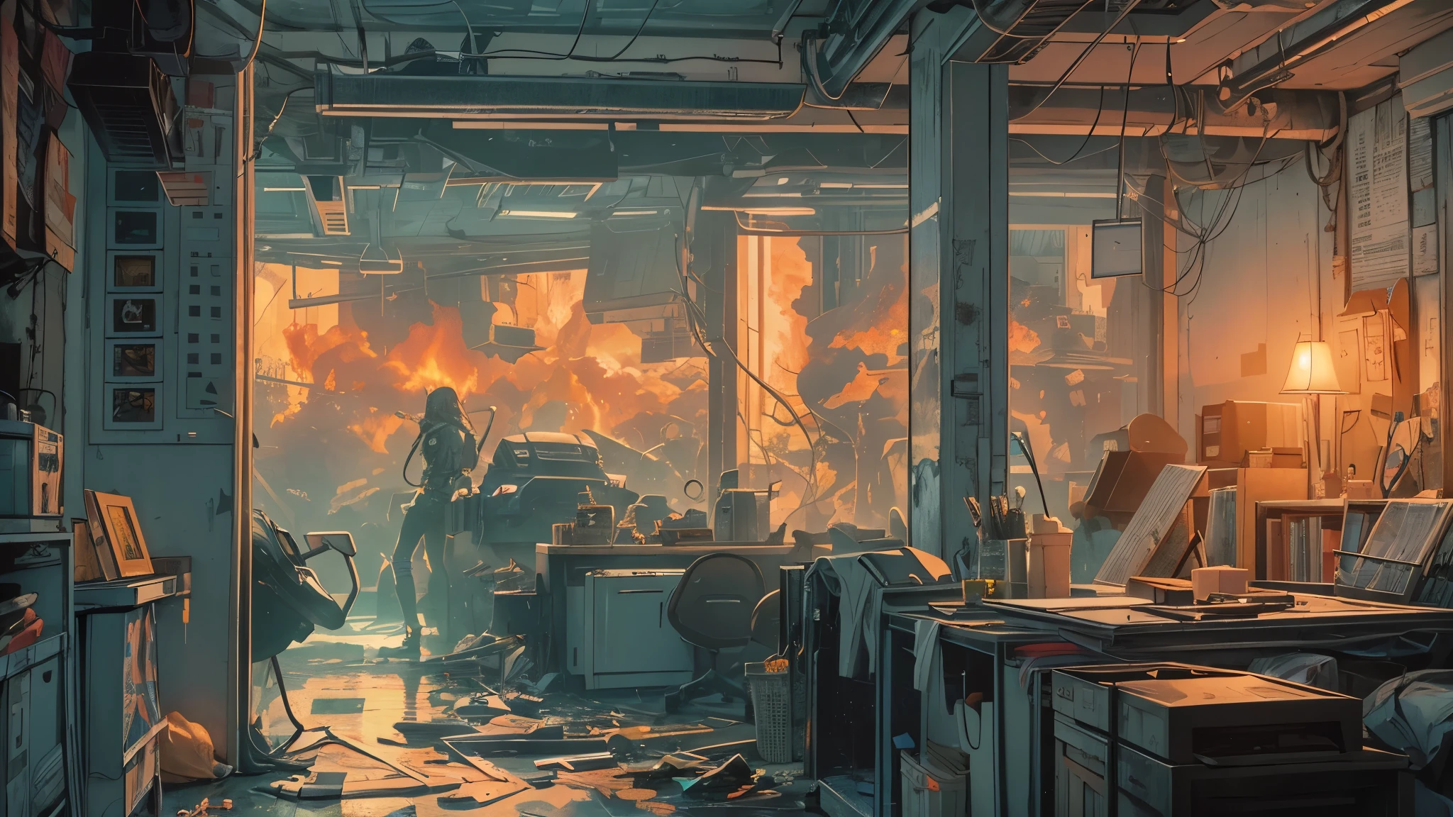 in a room with a lot of fire, a comic book panel inspired by Steve Dillon, tumblr, auto-destructive art, badass composition, bob larkin and tomer hanuka, steve purcell, brittney lee, immensely detailed scene, exploitable image, chris bachalo, insanely complex details, stephen hickman, heavy vignette!, reed richards, This RAW masterpiece showcases an ultra-high resolution, photorealistic full-body portrait, illuminated by the warm glow of sunlight. The scene is rendered in the captivating style of mecha sci-fi anime, boasting an impressive 8K resolution for the best quality imagery. Crafted with Unreal Engine 5, this piece features ultra-realistic 64K CG, skin texture at 1.4, and orange volumetric fog to add depth and atmosphere. The details are further enhanced with 8K UHD, DSLR quality, film grain, and the artistic touch of lomography. The result is a stunning blend of high-quality visuals, translucent effects, and photorealism that truly captivates the viewer.
