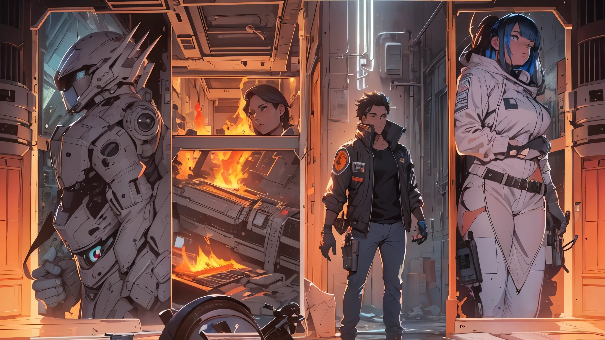  in a room with a lot of fire, badass composition, inspired by Steve Dillon, bob larkin and tomer hanuka, by Steve Dillon, brittney lee, steve purcell, immensely detailed scene, exploitable image, chris bachalo, by Craig Thompson, a comic book panel, heavy vignette!, insanely complex details, stephen hickman, This RAW masterpiece showcases an ultra-high resolution, photorealistic full-body portrait, illuminated by the warm glow of sunlight. The scene is rendered in the captivating style of mecha sci-fi anime, boasting an impressive 8K resolution for the best quality imagery. Crafted with Unreal Engine 5, this piece features ultra-realistic 64K CG, skin texture at 1.4, and orange volumetric fog to add depth and atmosphere. The details are further enhanced with 8K UHD, DSLR quality, film grain, and the artistic touch of lomography. The result is a stunning blend of high-quality visuals, translucent effects, and photorealism that truly captivates the viewer.