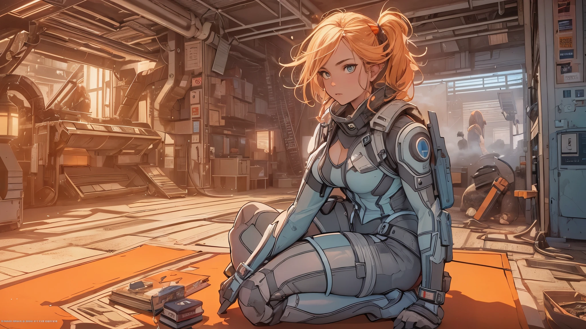  a person sitting on a floor, a comic book panel by João Artur da Silva, tumblr, underground comix, reed richards, exploitable image, invisible woman, as illustrated in top cow comics, black canary, in style of heavy metal comic, the thing alien assimilation, metabaron, from the thing, This RAW masterpiece showcases an ultra-high resolution, photorealistic full-body portrait, illuminated by the warm glow of sunlight. The scene is rendered in the captivating style of mecha sci-fi anime, boasting an impressive 8K resolution for the best quality imagery. Crafted with Unreal Engine 5, this piece features ultra-realistic 64K CG, skin texture at 1.4, and orange volumetric fog to add depth and atmosphere. The details are further enhanced with 8K UHD, DSLR quality, film grain, and the artistic touch of lomography. The result is a stunning blend of high-quality visuals, translucent effects, and photorealism that truly captivates the viewer.