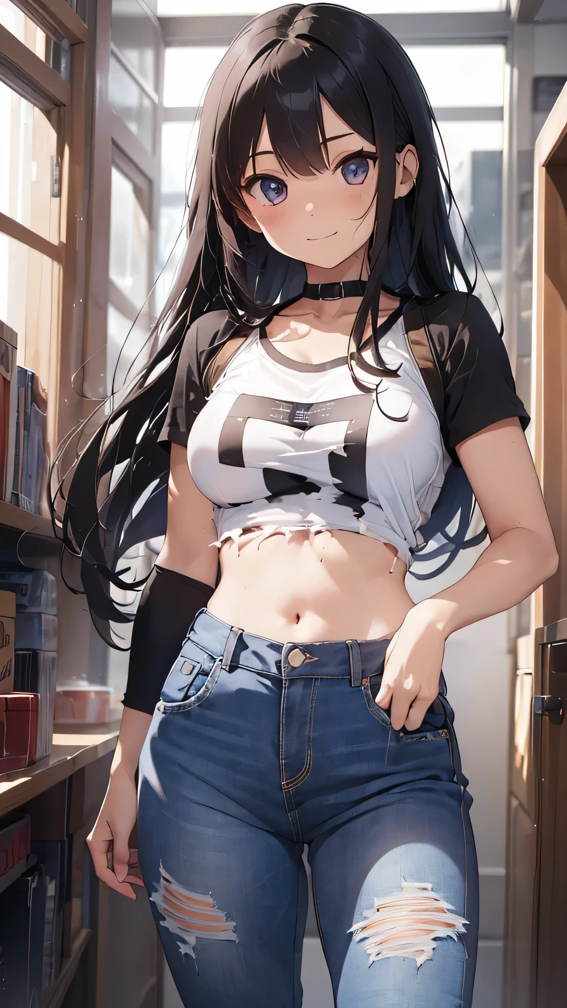 最high quality、best image quality、masterpiece、teenage girl((18-year-old、 By becoming、vest bust、medium bust,wide open breast tea、black eye, black hair、long hair、thin,highest valley、Torn black t-shirt(2:3)、cute smile,damaged pants(2:3)、Service Shots)),high quality、beautiful art、background((studio、white wall、tv set、)),debris flies、Depth of written boundary、movie、visual art、perfect art、8K,genuine