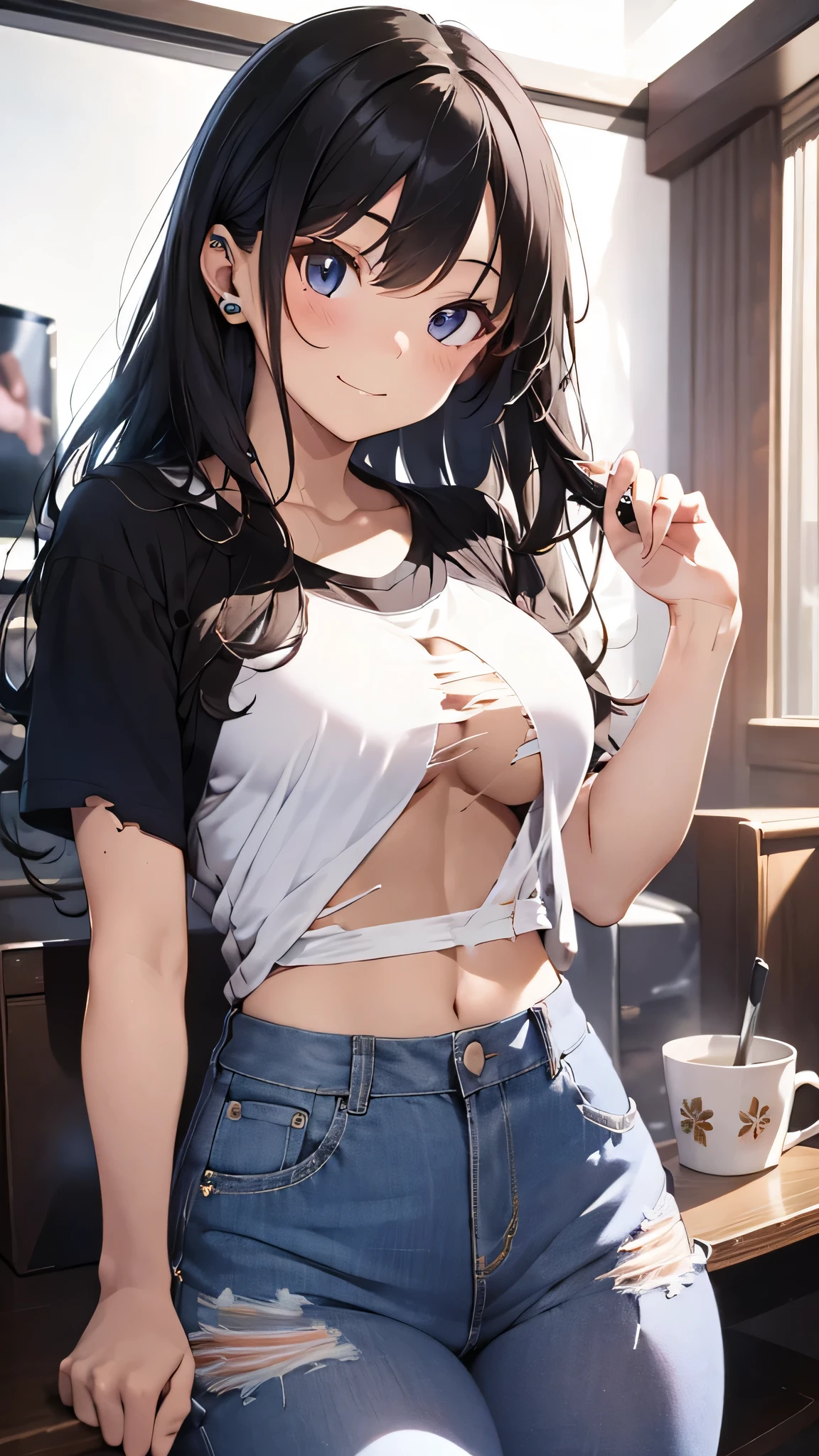最high quality、best image quality、masterpiece、age girl((18-year-old、 By becoming、vest bust、medium bust,wide open breast tea、black eye, black hair、long hair、thin,highest valley、Torn black t-shirt(2:3)、cute smile,damaged pants(2:3)、Service Shots)),high quality、beautiful art、background((studio、white wall、tv set、)),debris flies、Depth of written boundary、movie、visual art、perfect art、8K,genuine