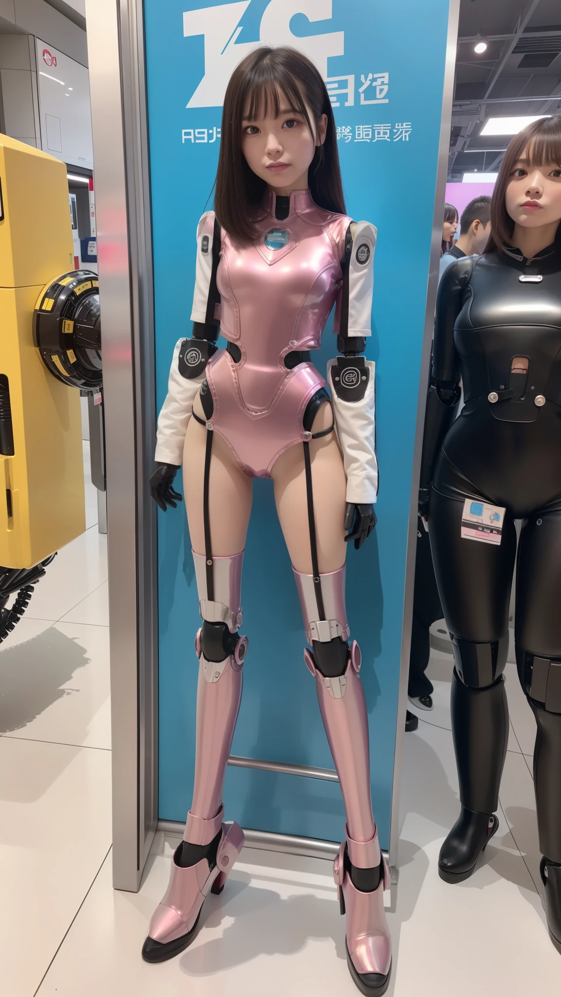 Robot Girl, pink there, Silver, Metallic body, Robot Parts, Metal Parts, Super Detailed Face, Super well-formed face, of the highest quality, a small face, small head, Brown hair, Slender body, Camera gaze, Internal Mechanical Exposure, Idol, front facing, Well-proportioned body, sale, exhibition, Hall, Moe Pose, pink metallic maid Dress Machine Armor, Standing with legs open, Model body type, sad, Embarrassing,(Perfect Robot Girl),(Perfect machine body)