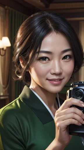 Middle-aged man shooting with camera、happy face、oriental、Drooping eyes、wearing a green jersey、highest quality、masterpiece、ultra high resolution、(Photoreal:1.4)、inside the house、Upper body、highest quality、masterpiece、ultra high resolution、(Photoreal:1.4)、game poster