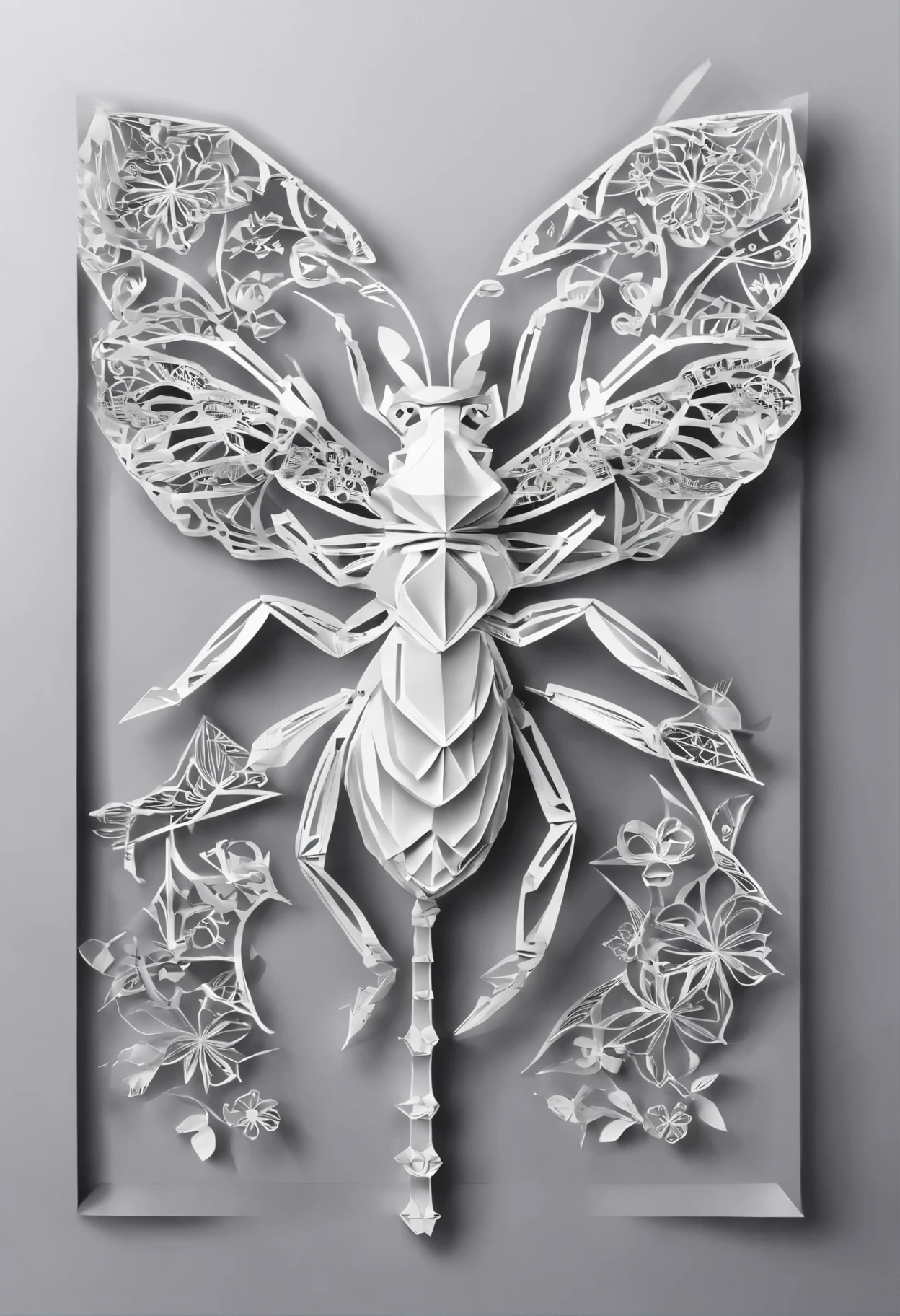 swirling vortexes, a cute (origami black ant:1.5) grace, dignified, integrity, holiness, brave heart, neon gradation lighting, professional art work, ultra quality, associate graphic illustration, heat haze mist, through the darkness, clear eyes, blowing wild, demon of war, broken glass dripping background intricate detail,