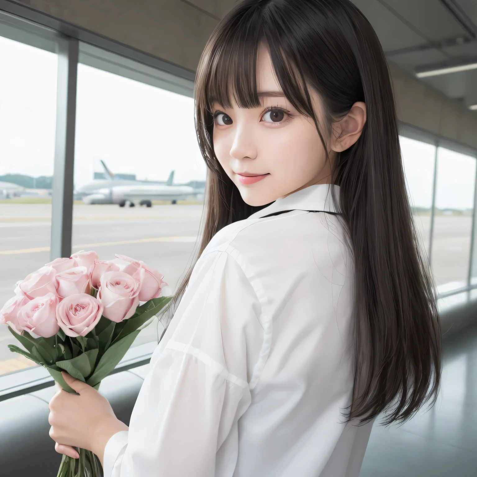 on the table, best quality, illustration,original photography,(((ultimate beauty portrait))),((sparkling skin)),1 girl,Super detailed, fine details, high resolution, 8k wallpaper, Perfect dynamic composition, Beautiful and delicate eyes,whole body摄影,show your whole body、collared shirt、long gray hair, Bold sexy pose,Smile,Harajuku、20 year old girl、huge :1.5、film grain、富士XT3 、shallow view deep、natural soft light、Kamimei,Look at the sexy shots of the camera, whole body, Rear view、Holding a bouquet of flowers、Standing at the airport